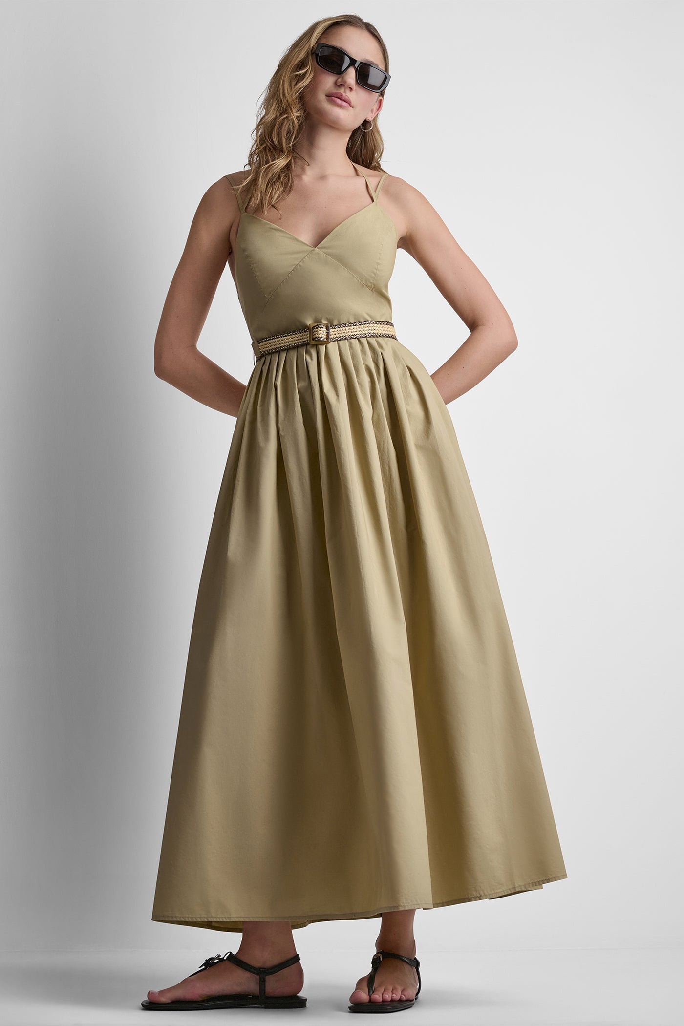 Travertine STRAPPY V-NECK MAXI DRESS WITH RAFFIA BELT, VIEW 1 | Dresses & Jumpsuits