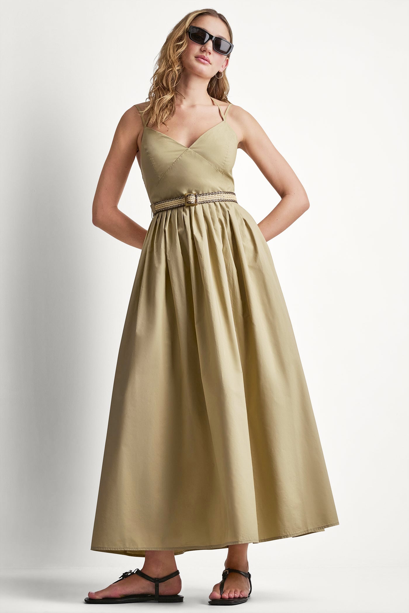Travertine STRAPPY V-NECK MAXI DRESS WITH RAFFIA BELT, VIEW 2 | Dresses & Jumpsuits
