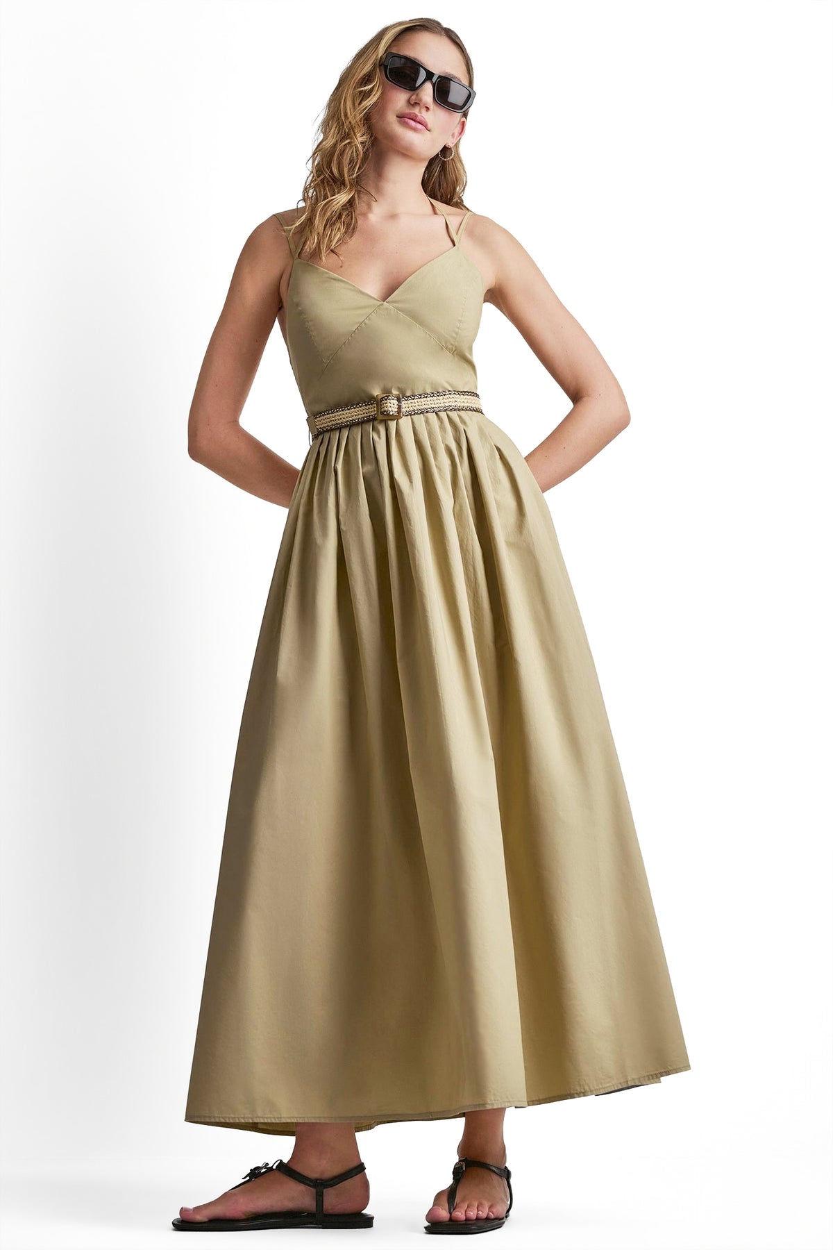 STRAPPY V-NECK MAXI DRESS WITH RAFFIA BELT View 1 | Dresses Under $100
