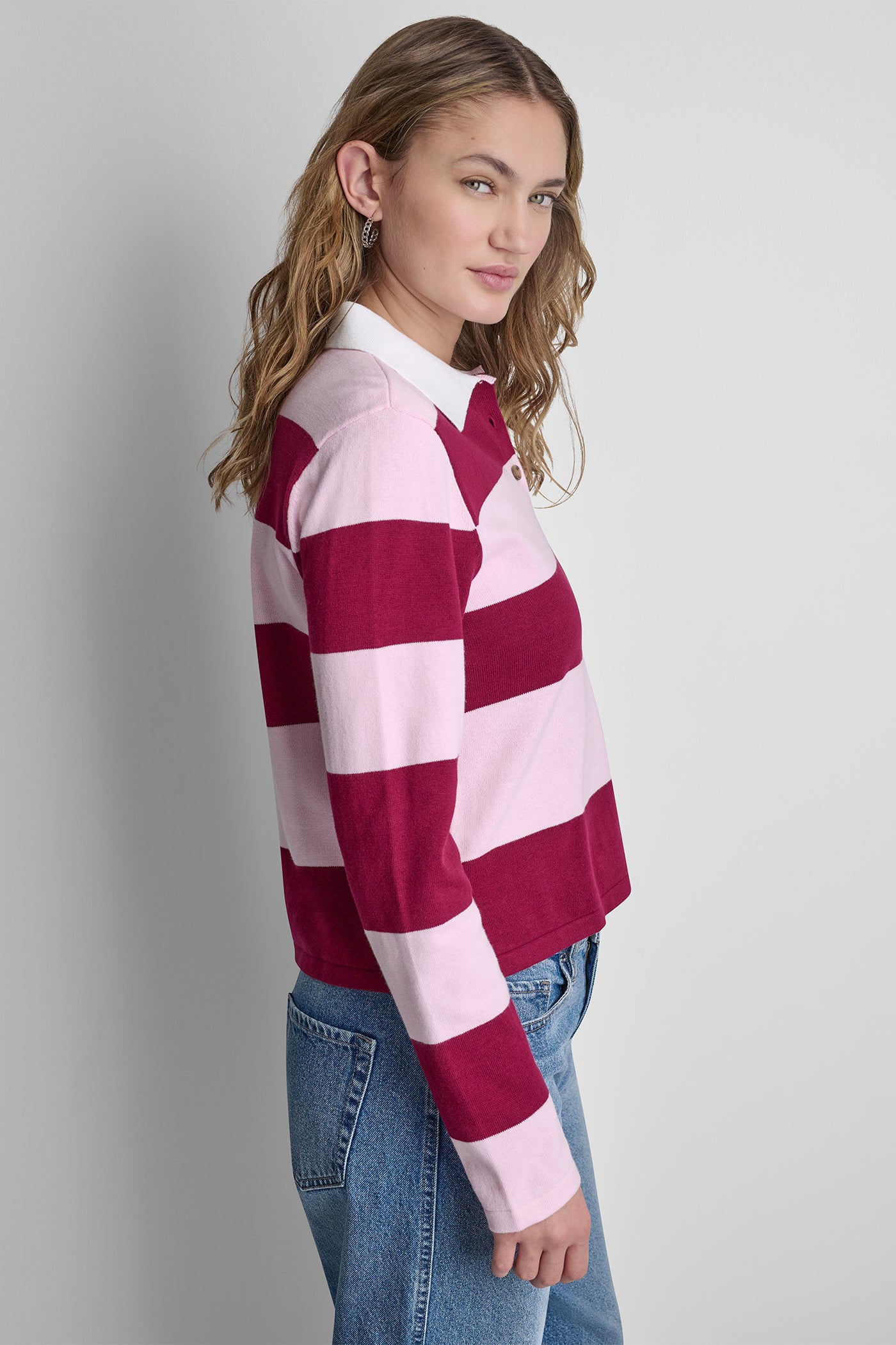 LONG SLEEVE STRIPE POLO SWEATER VIEW 4 | DKNY JEANS