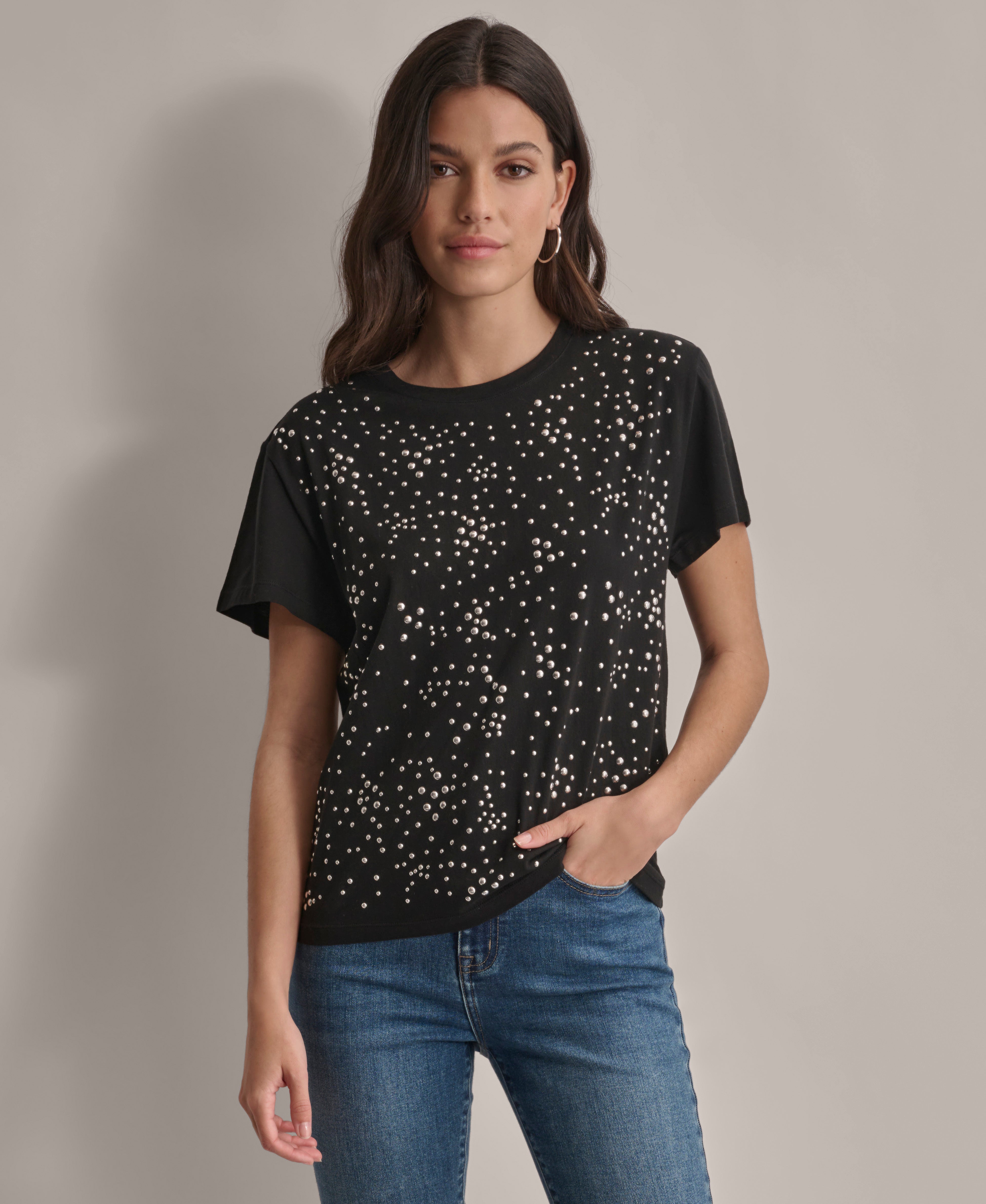 DKNY SCATTERED DOME STUDS BOXY TEE,Black