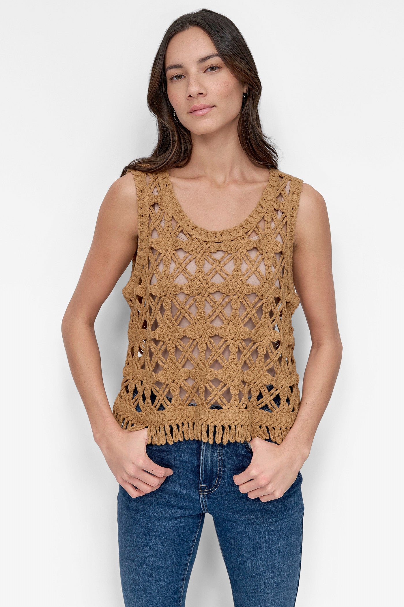 Whiskey CROPPED FRINGE CROCHET TANK, VIEW 1 | WOMEN'S SWEATERS & TOPS