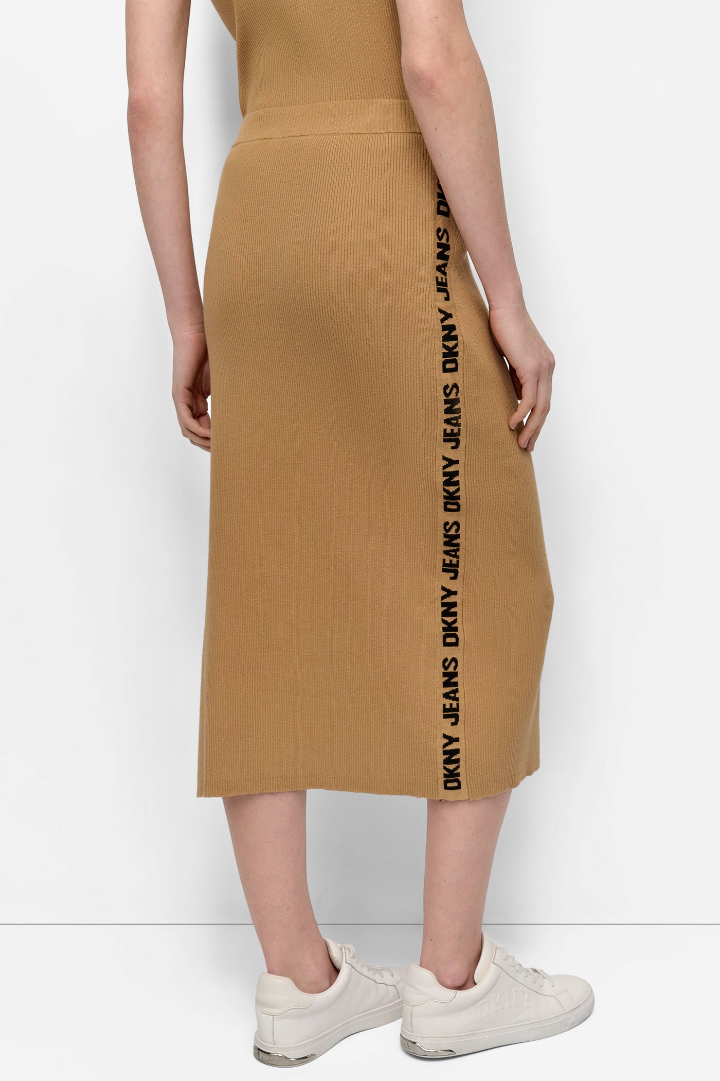 Whiskey/Black LOGO RIB-KNIT MIDI SKIRT, BACK VIEW | DKNY JEANS