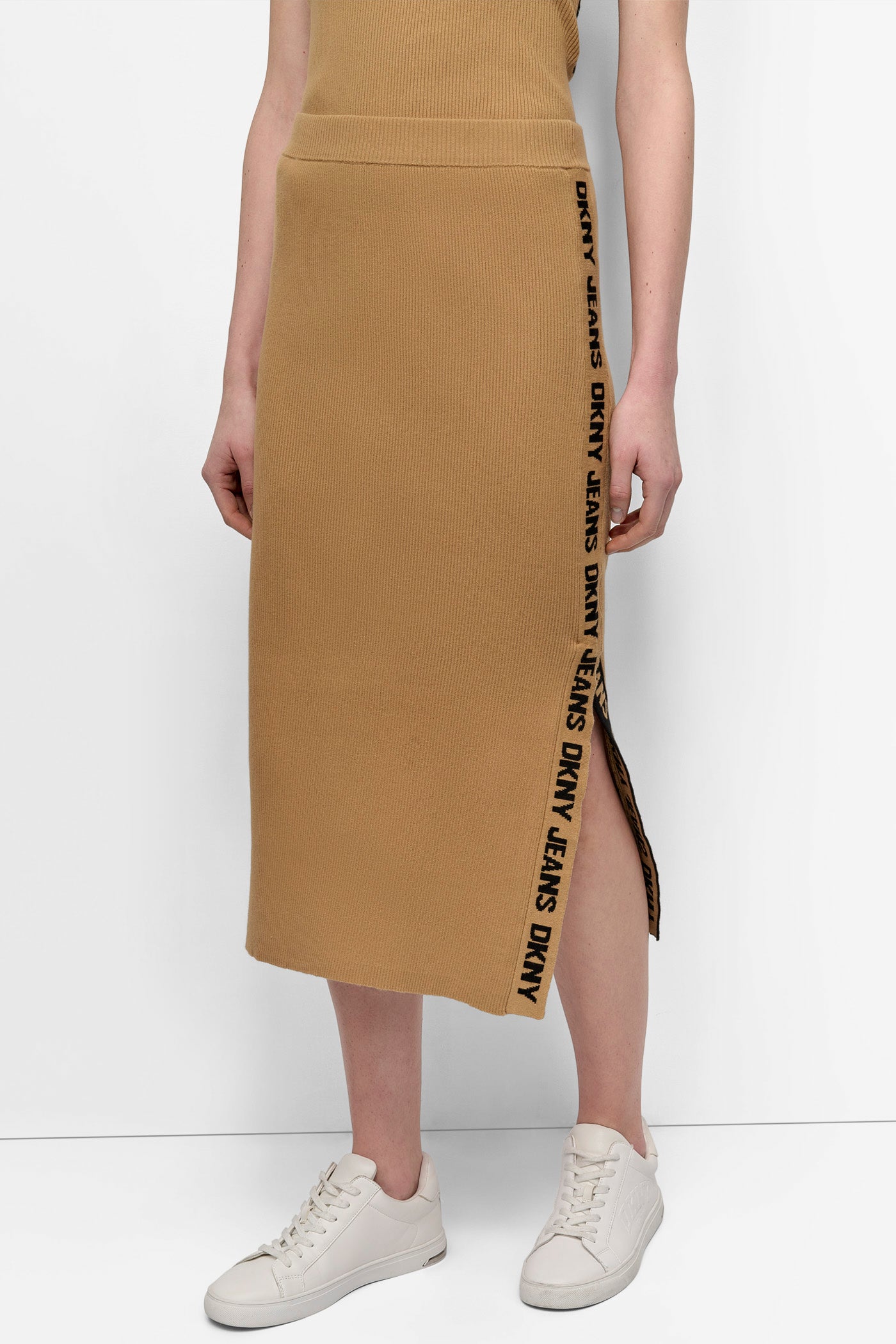 Whiskey/Black LOGO RIB-KNIT MIDI SKIRT, FRONT VIEW | DKNY JEANS
