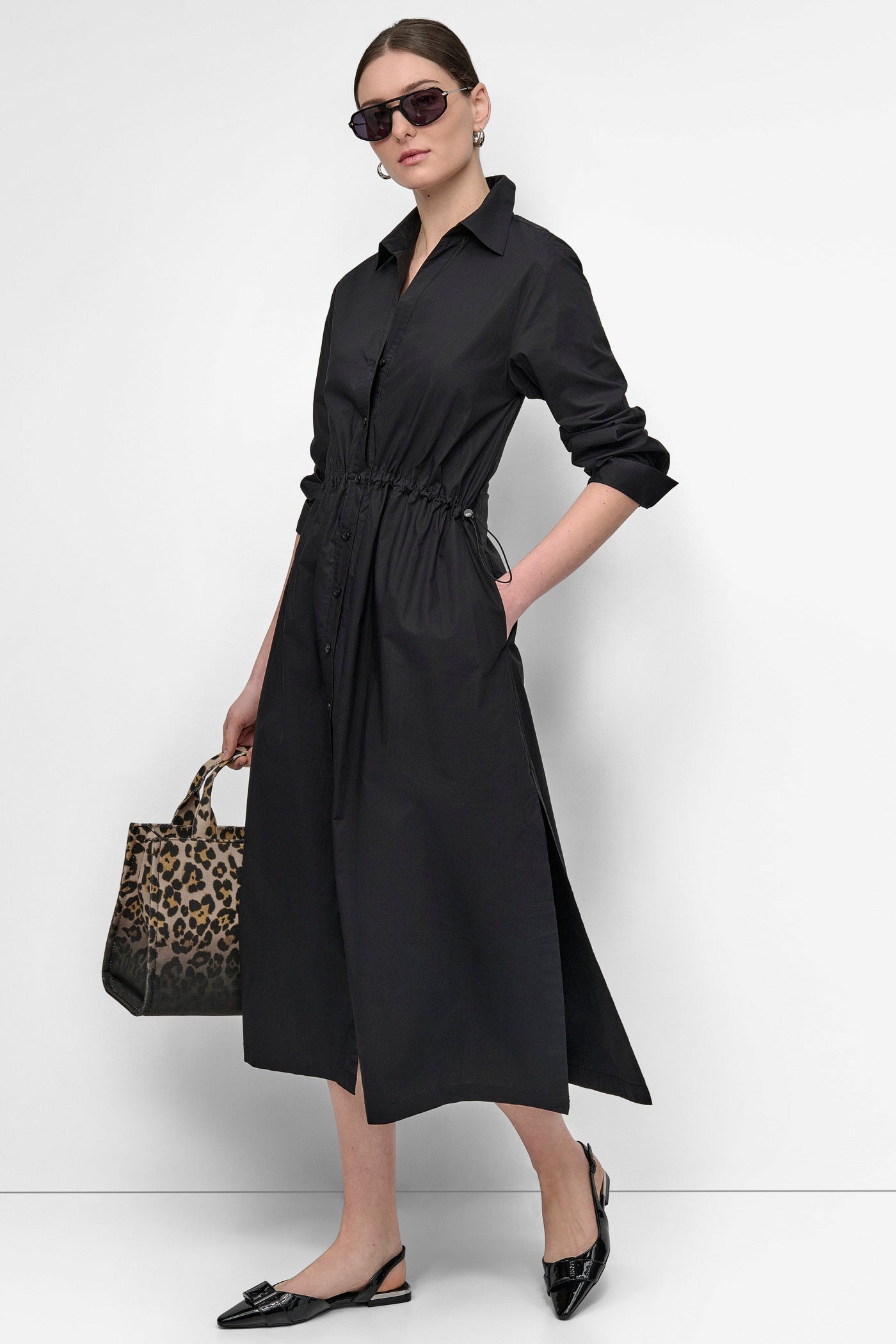 ADJUSTABLE WAIST MIDI SHIRT DRESS VIEW 7