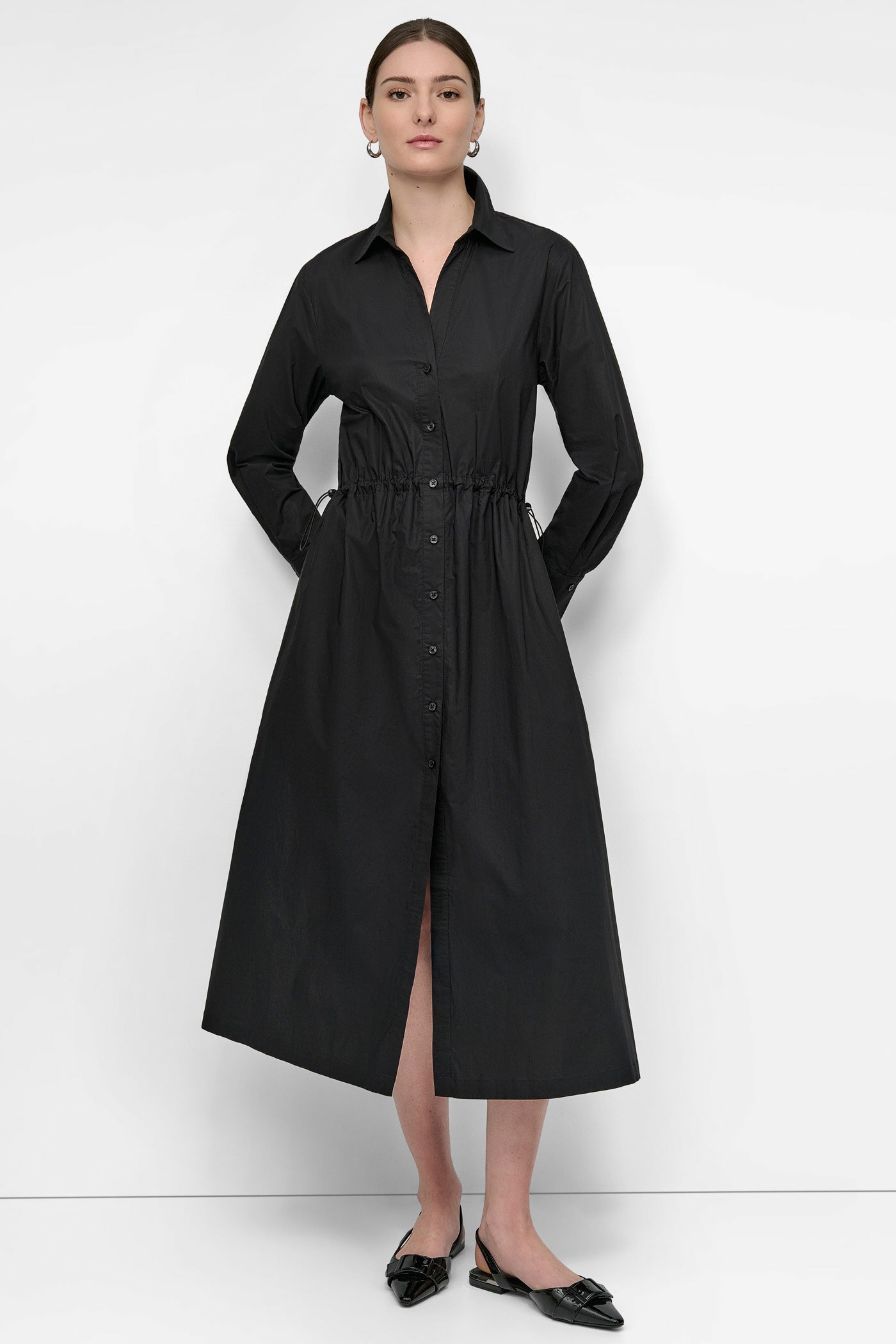 Black ADJUSTABLE WAIST MIDI SHIRT DRESS, FRONT VIEW | Products