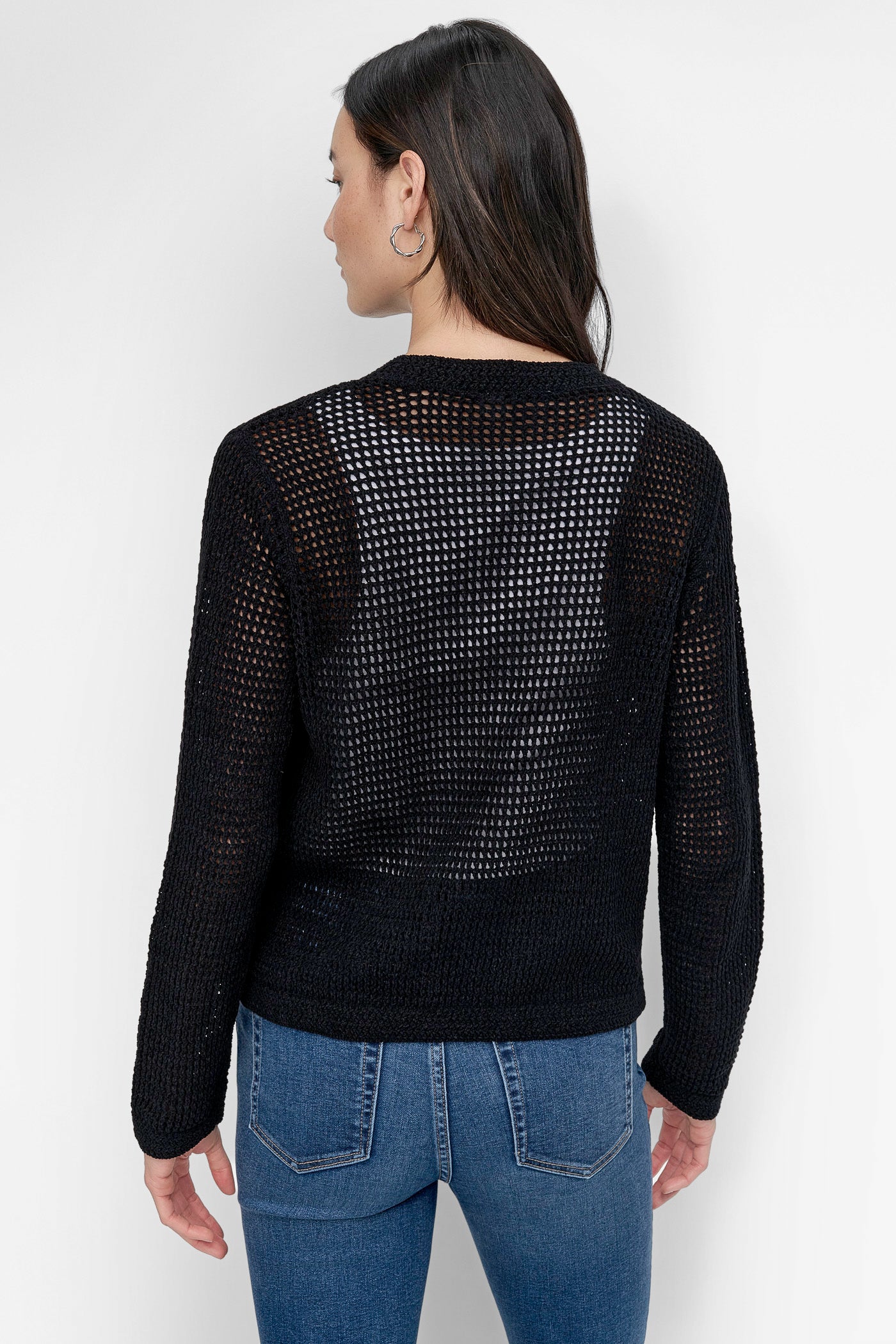 Black LOGO-EMBROIDERED OPEN STITCH CARDIGAN, BACK VIEW | 9-5 Edit