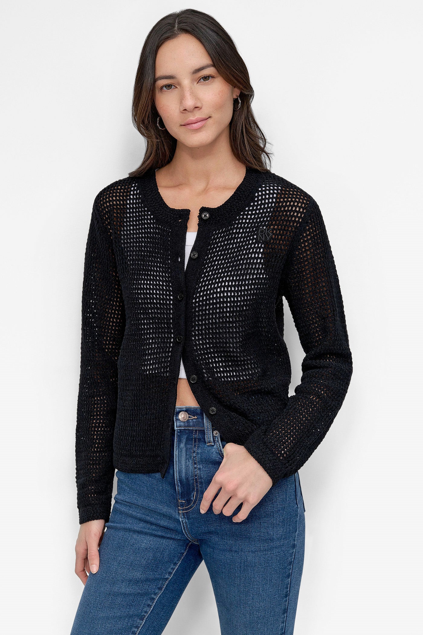 Black LOGO-EMBROIDERED OPEN STITCH CARDIGAN, FRONT VIEW | 9-5 Edit