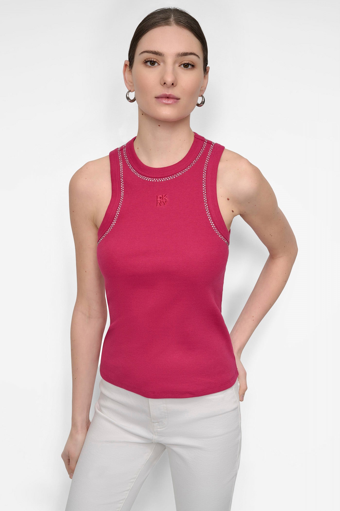 WILDBERRY RHINESTONE AT NECK & ARMHOLE TANK, FRONT VIEW | Tees & Tanks