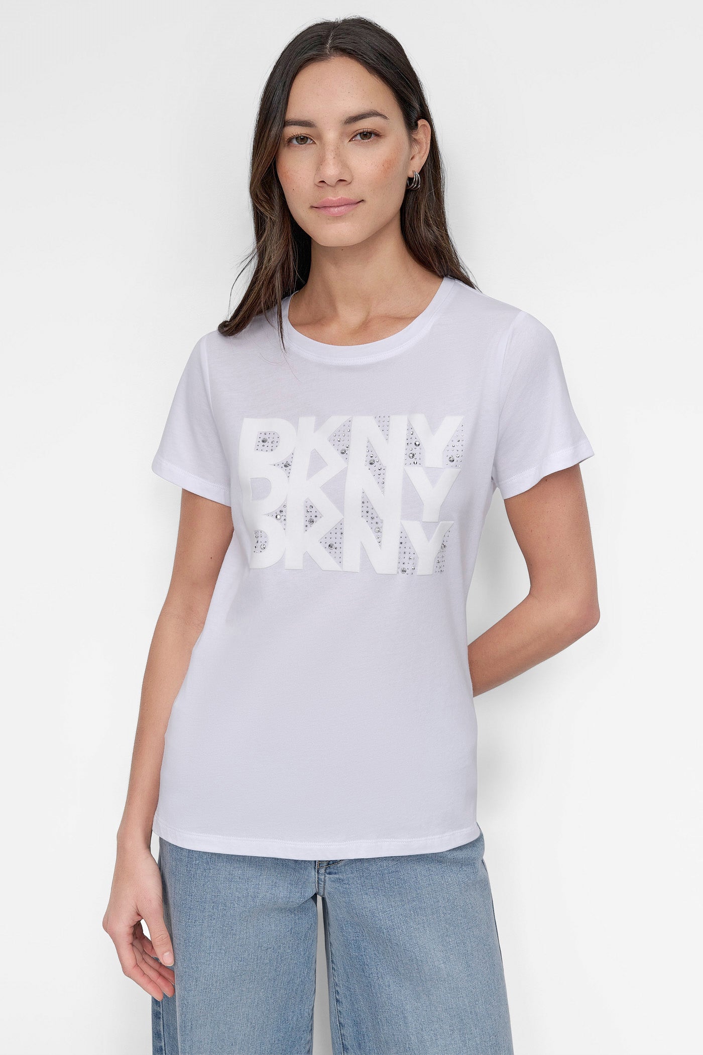 White/Silver DKNY RHINESTONE DNA LOGO TEE, FRONT VIEW | DKNY Promo