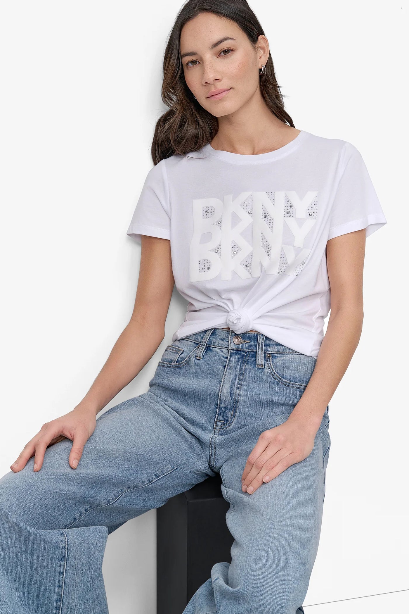 White/Silver DKNY RHINESTONE DNA LOGO TEE, VIEW 1 | Back-To-School Shop