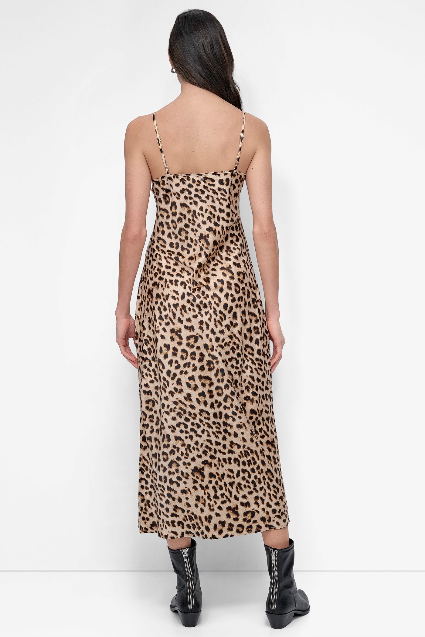 LEOPARD WHISKEY HIGH-SPLIT MIDI SLIP DRESS, BACK VIEW | SALE DRESSES