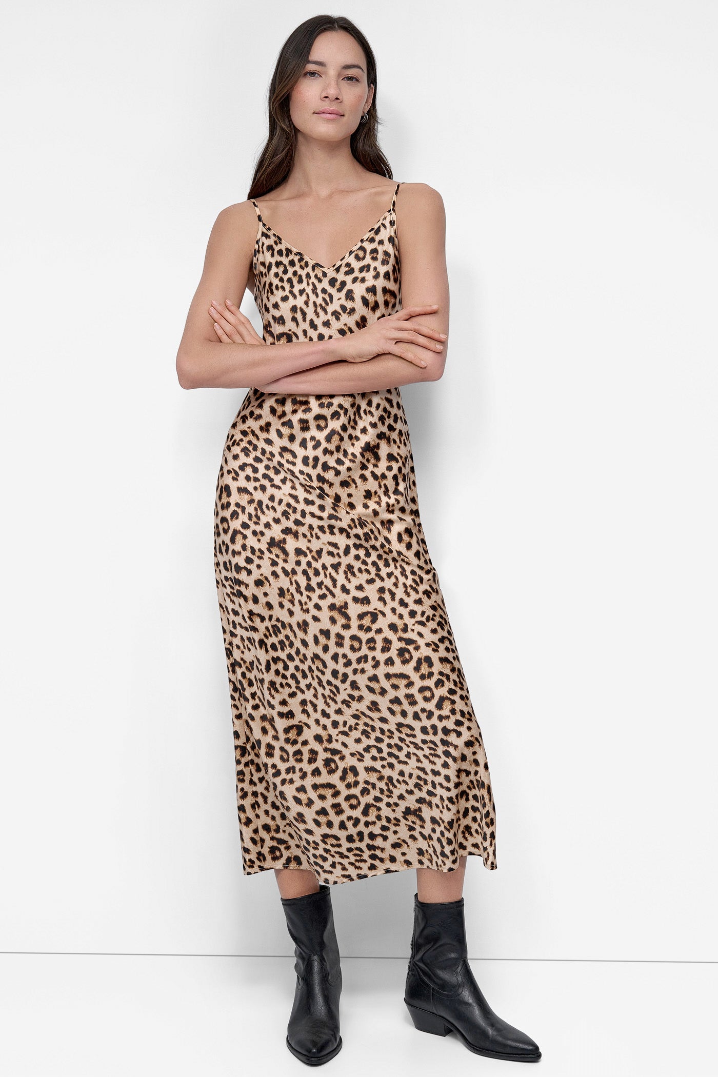 LEOPARD WHISKEY HIGH-SPLIT MIDI SLIP DRESS, FRONT VIEW | SALE DRESSES