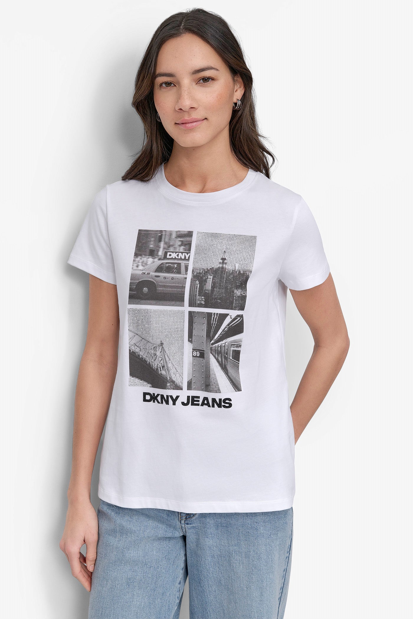 White/Black CRYSTAL EMBELLISHED CITYSCAPE GRAPHIC TEE, FRONT VIEW | Tees & Tanks