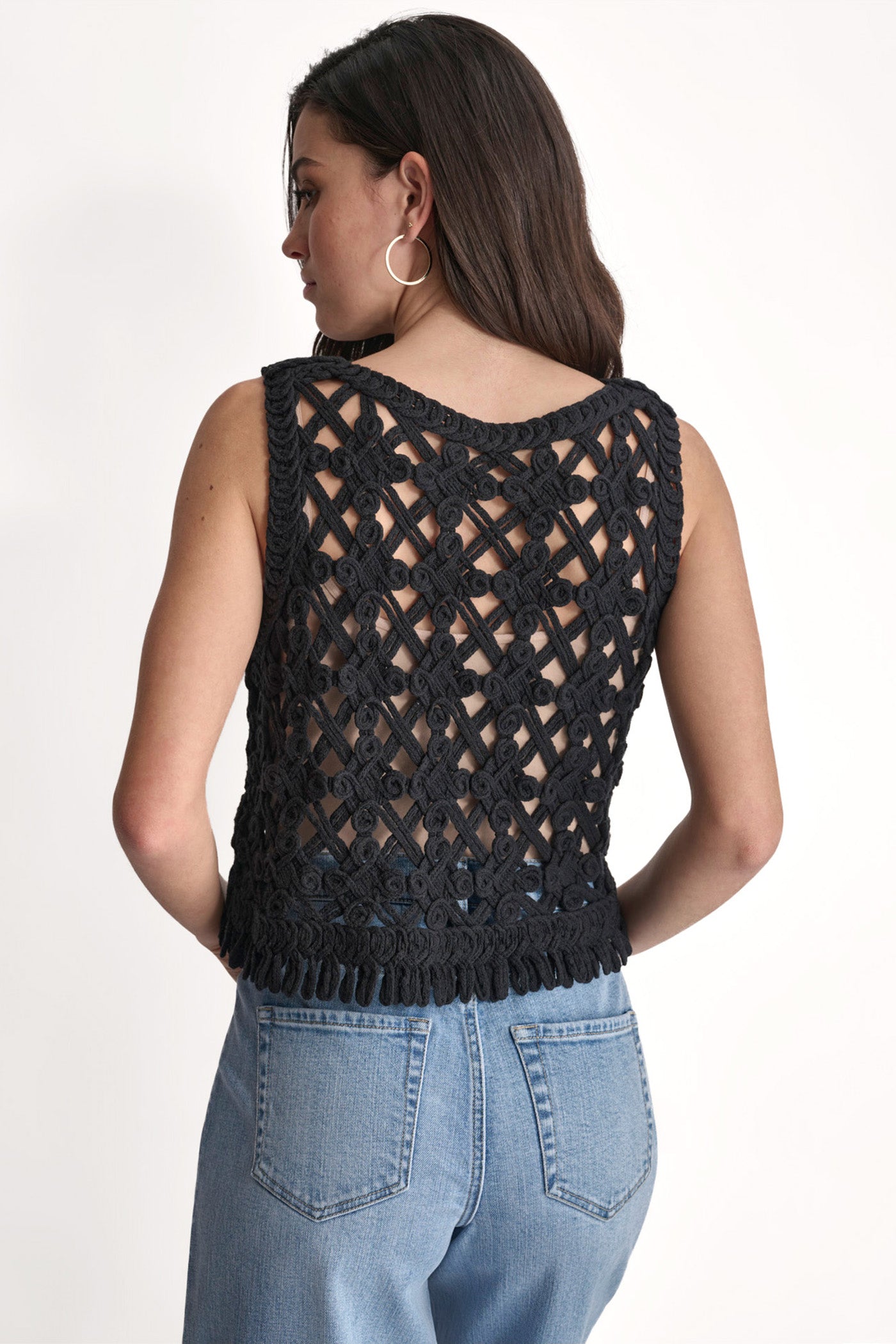Black CROPPED FRINGE CROCHET TANK, BACK VIEW | Not Clearance or Preorder