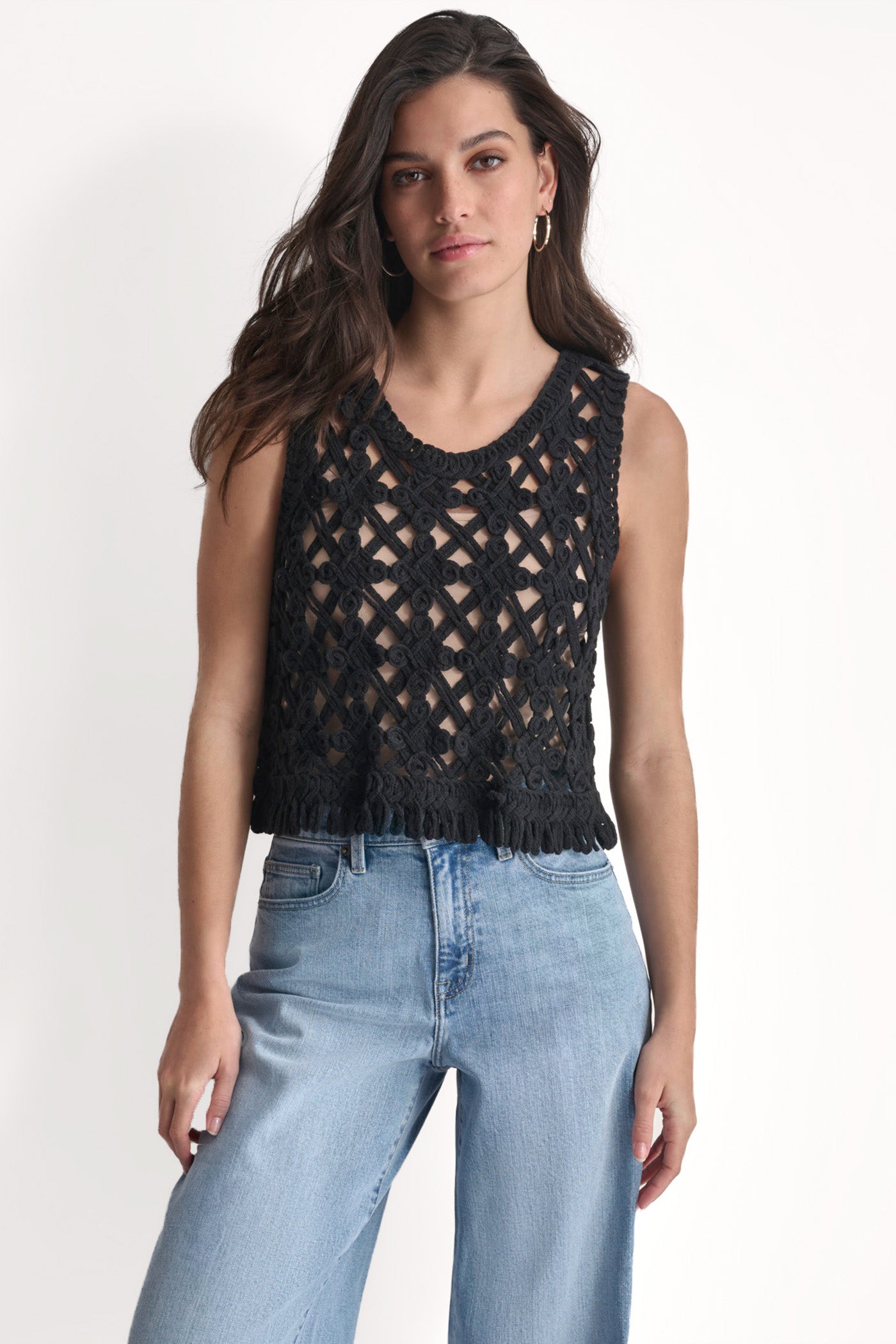 Black CROPPED FRINGE CROCHET TANK, FRONT VIEW | Not Clearance or Preorder