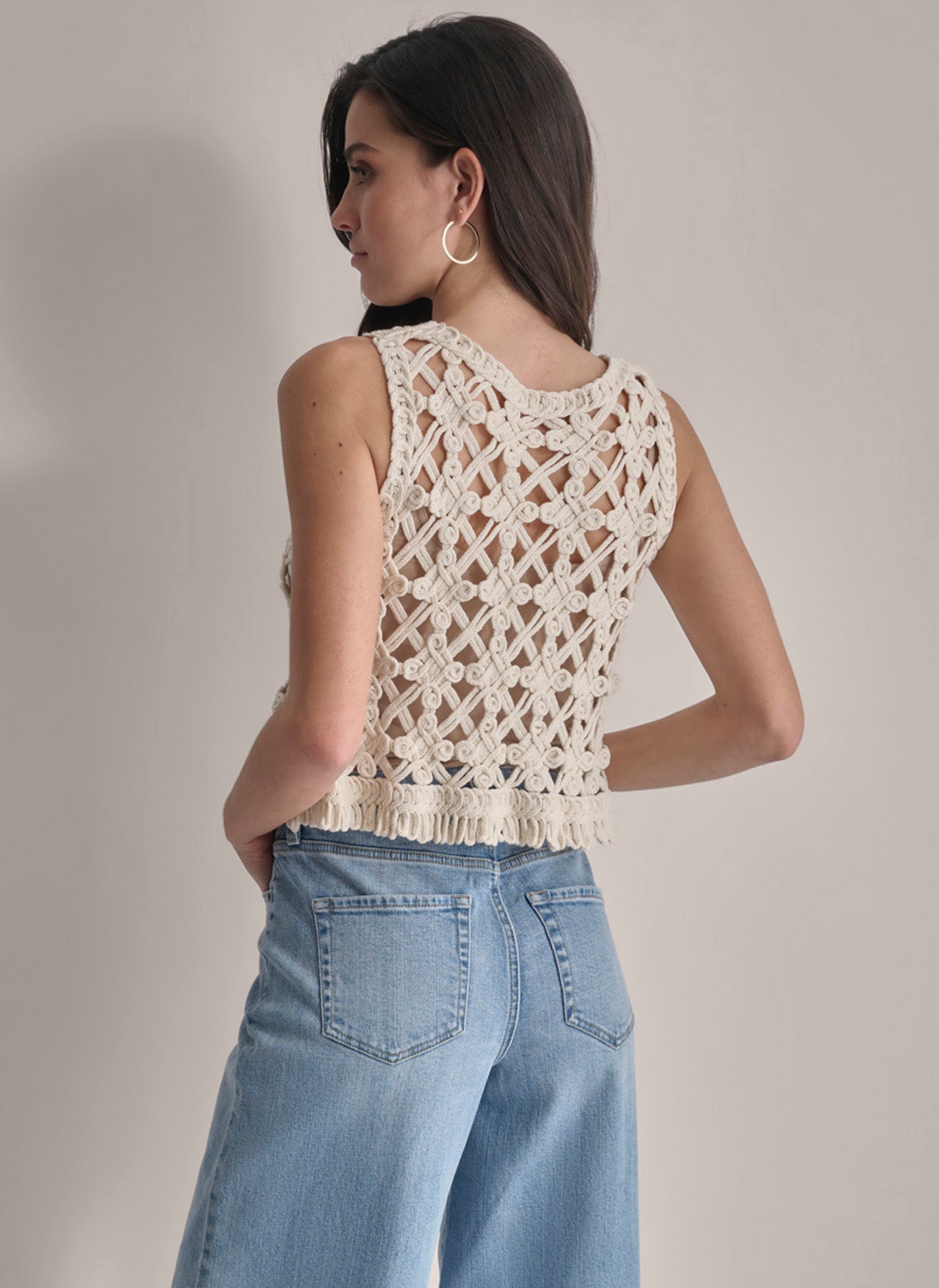 LIGHT CITY KHAKI CROPPED FRINGE CROCHET TANK, VIEW 2 | Not Clearance or Preorder
