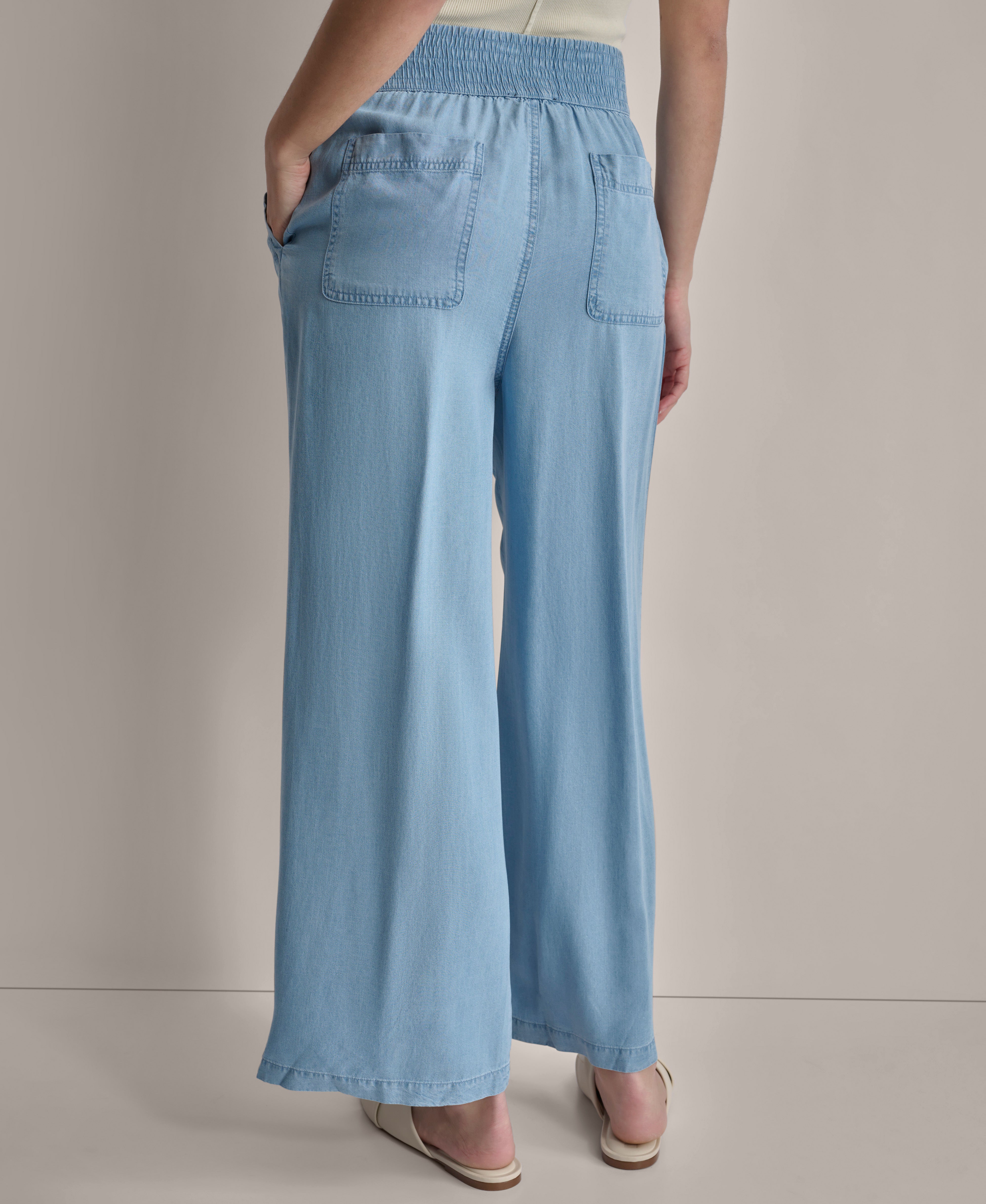 CHAMBRAY GARMENT DYE WIDE LEG ANKLE PANT, BACK VIEW | Denim Destination