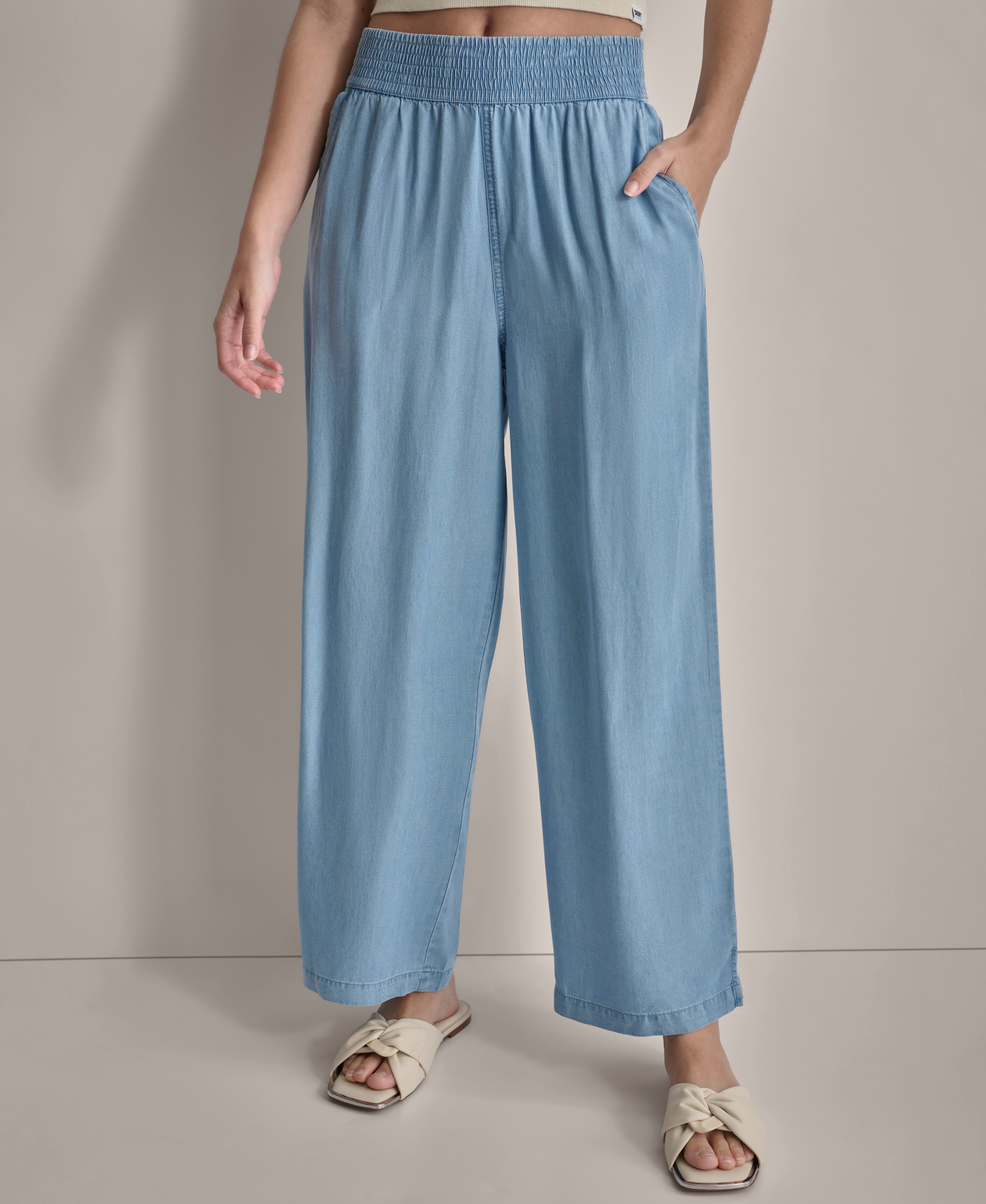 CHAMBRAY GARMENT DYE WIDE LEG ANKLE PANT, FRONT VIEW | Denim Destination