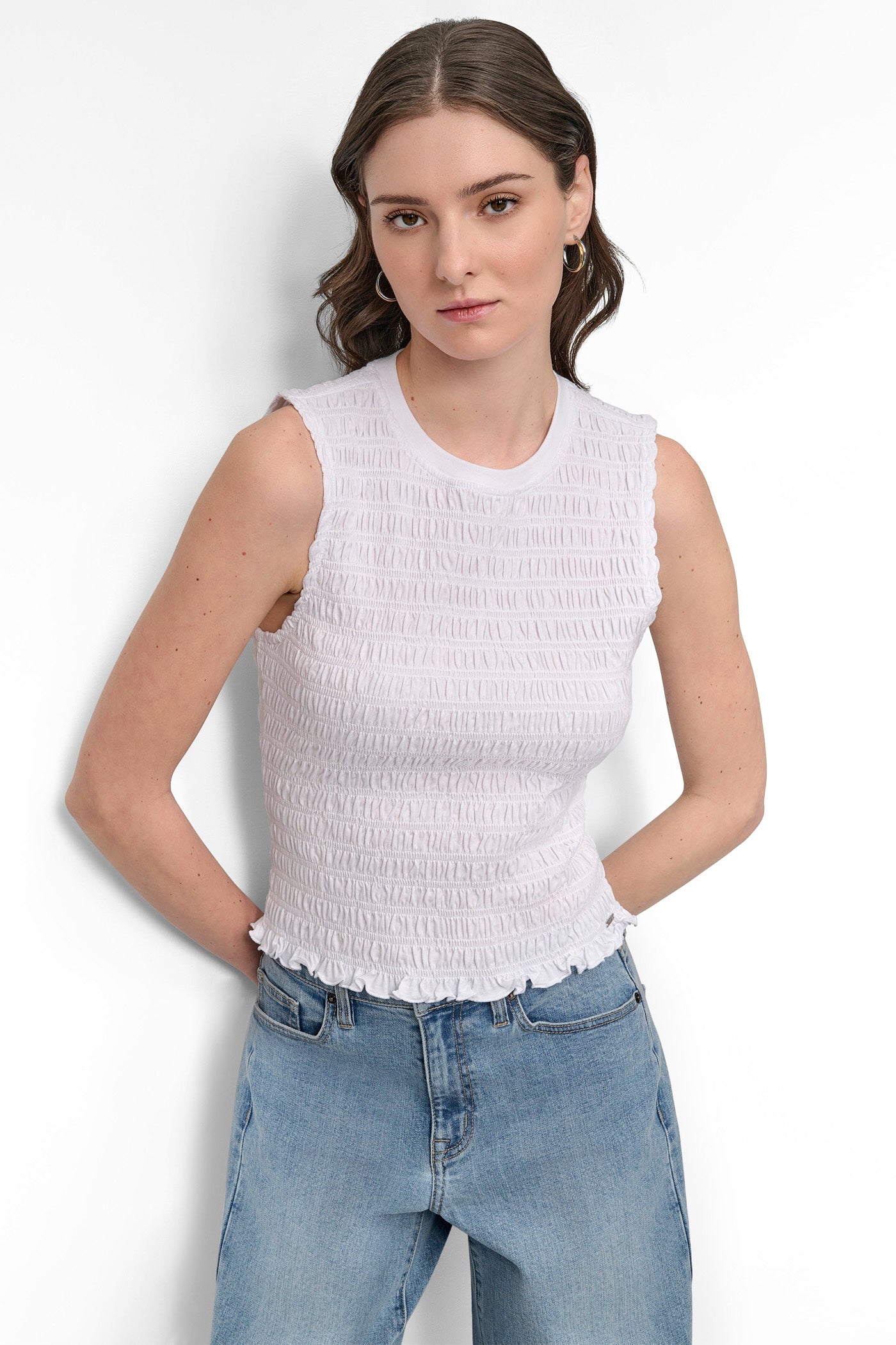 White SMOCKED TEE, FRONT VIEW | DKNY JEANS