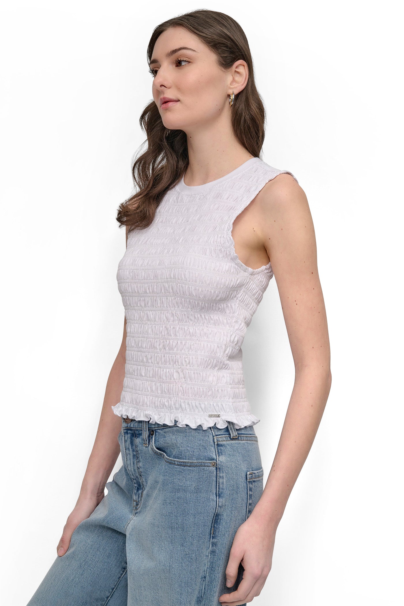 White SMOCKED TEE, BACK VIEW | DKNY JEANS