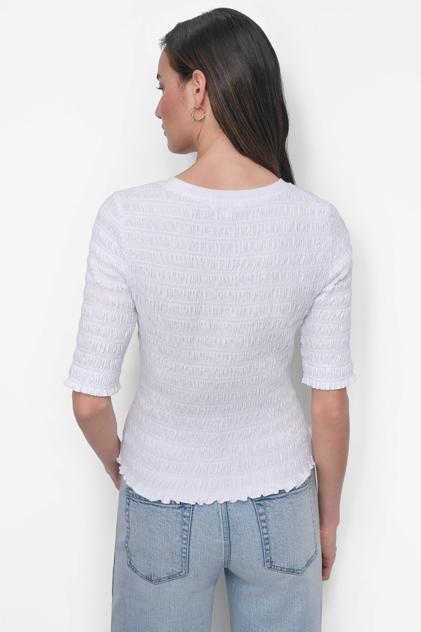 White SMOCKED TEE, BACK VIEW | DKNY JEANS