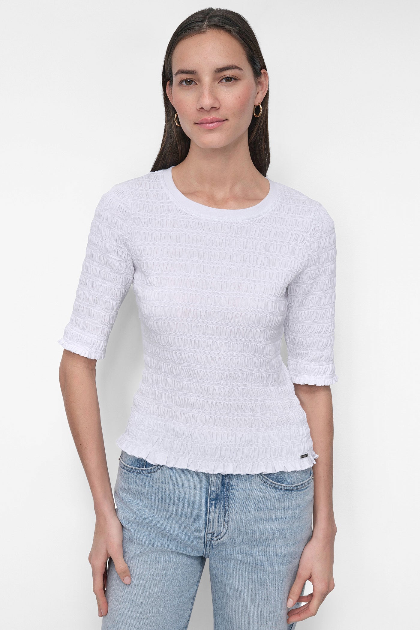White SMOCKED TEE, FRONT VIEW | DKNY JEANS
