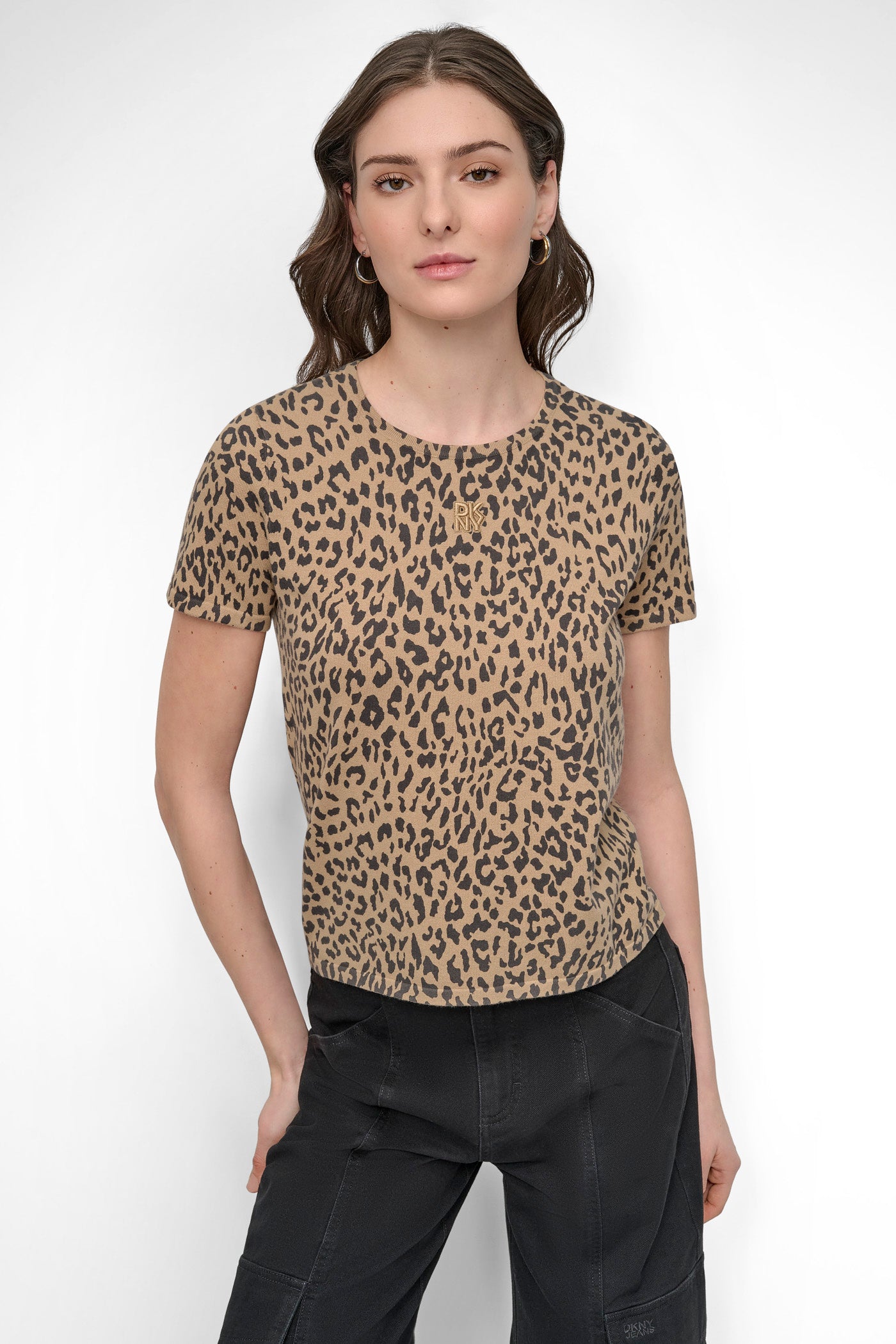 TRAVERTINE COMBO CHEETAH PRINT SWEATER TEE, FRONT VIEW | DKNY JEANS