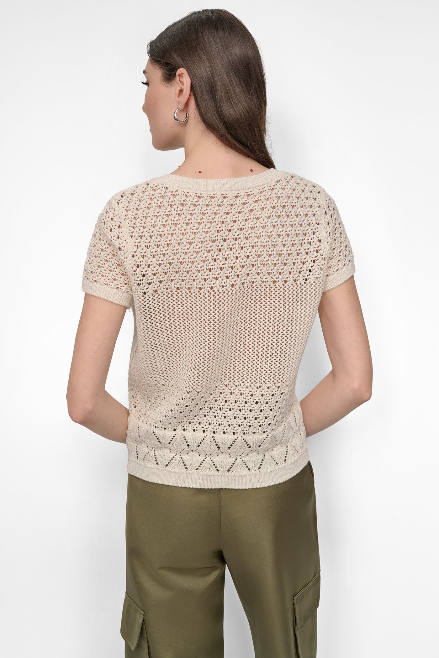 Eggnog OPEN POINTELLE KNIT SWEATER TEE, BACK VIEW | WOMEN'S SWEATERS & TOPS