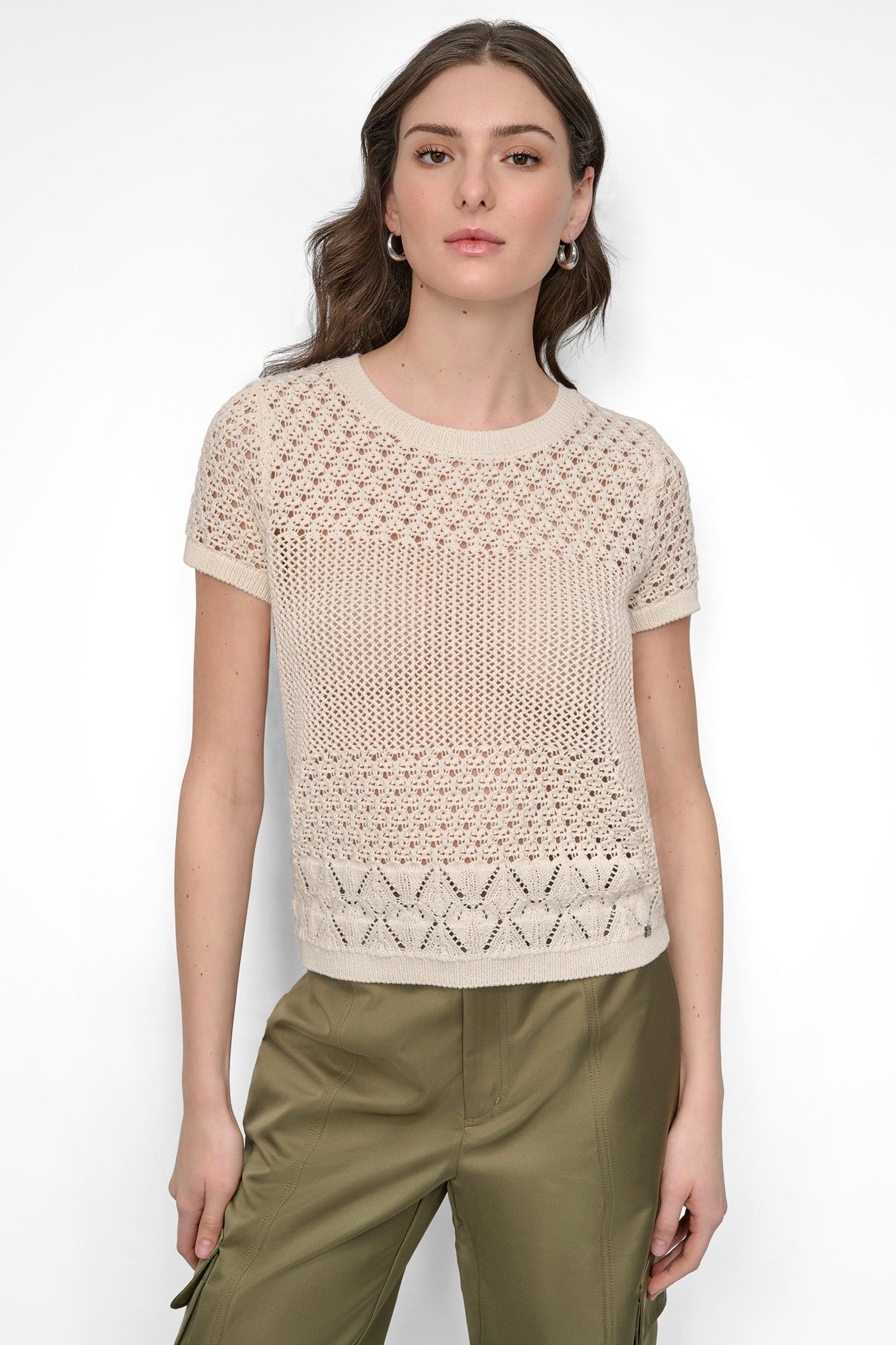 Eggnog OPEN POINTELLE KNIT SWEATER TEE, FRONT VIEW | WOMEN'S SWEATERS & TOPS