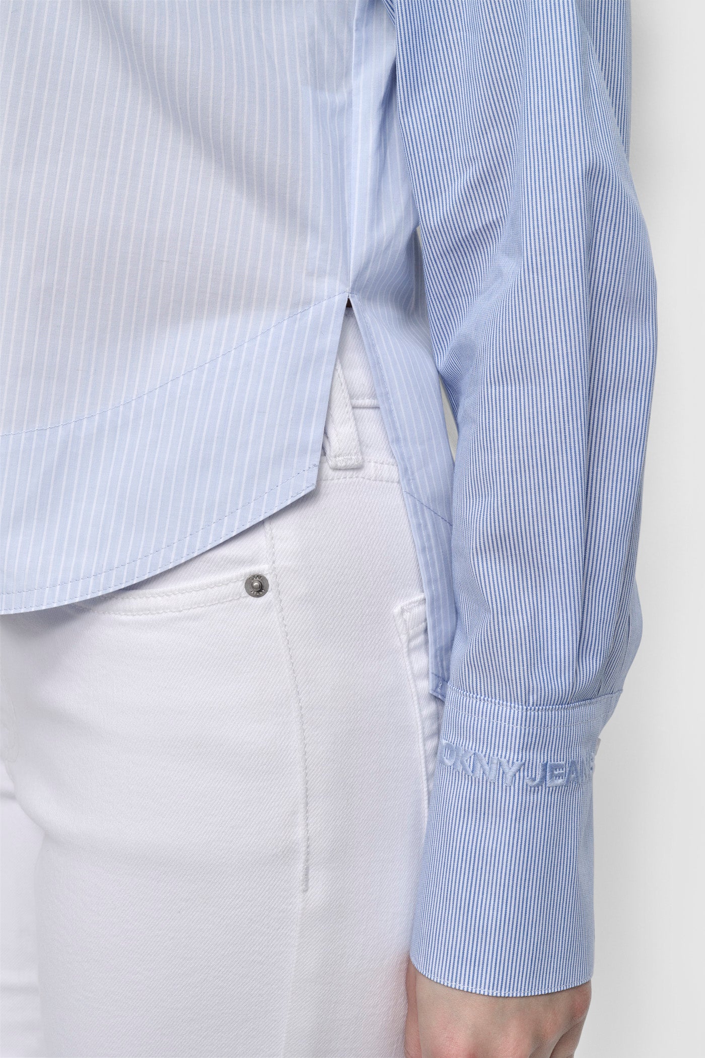 CROPPED LONG SLEEVE BUTTON FRONT SHIRT WITH MIXED STRIPE VIEW 4 | 9-5 Edit