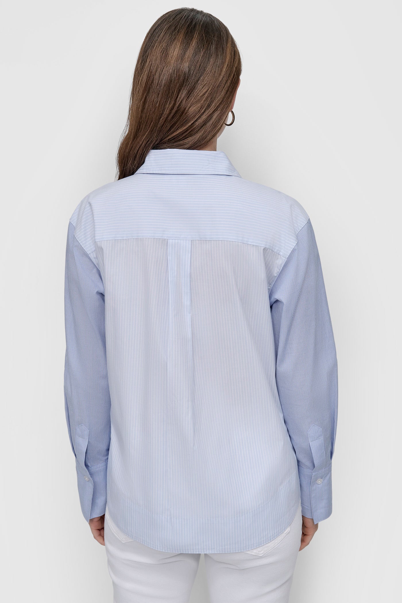 HARBOR-MARION FROST CROPPED LONG SLEEVE BUTTON FRONT SHIRT WITH MIXED STRIPE, BACK VIEW | 9-5 Edit
