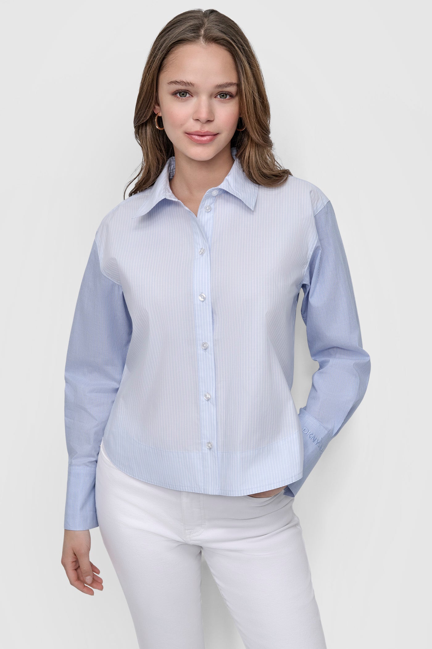 HARBOR-MARION FROST CROPPED LONG SLEEVE BUTTON FRONT SHIRT WITH MIXED STRIPE, FRONT VIEW | 9-5 Edit