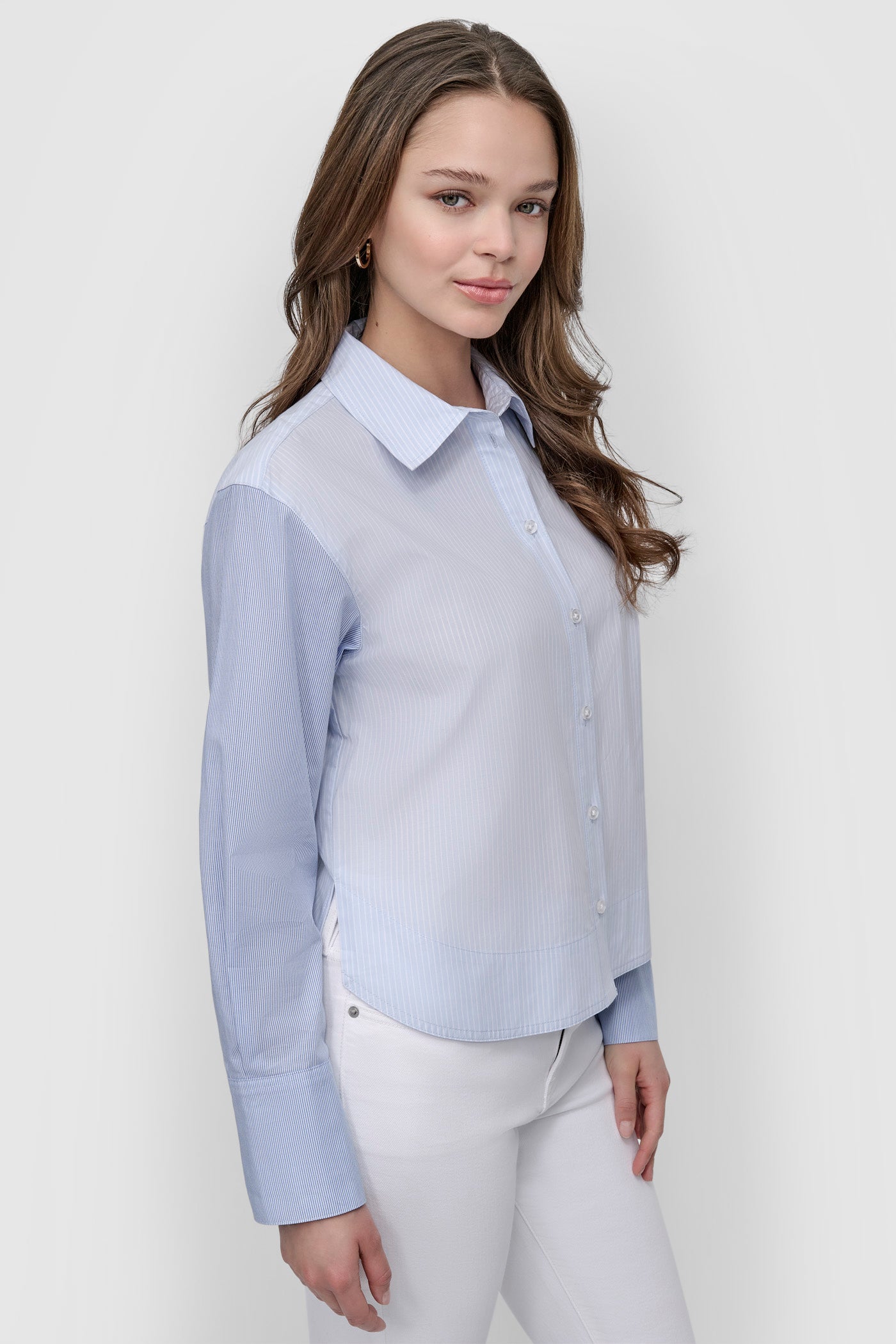 CROPPED LONG SLEEVE BUTTON FRONT SHIRT WITH MIXED STRIPE VIEW 3 | 9-5 Edit