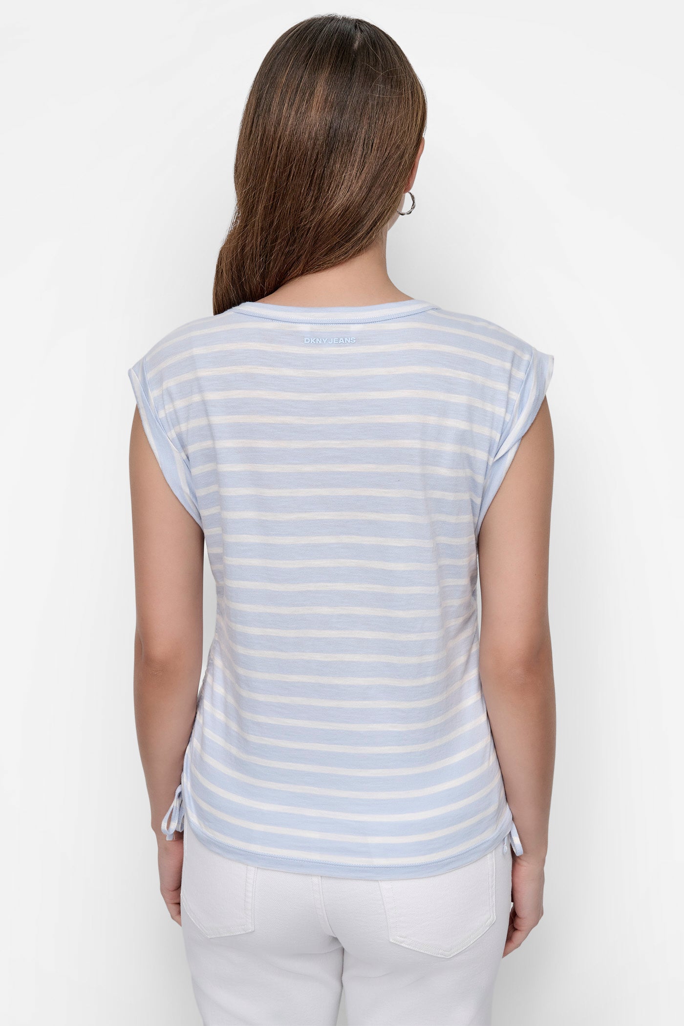 Frost Blue / Ivory RUCHED SIDE-TIE TEE, BACK VIEW | Tees & Tanks