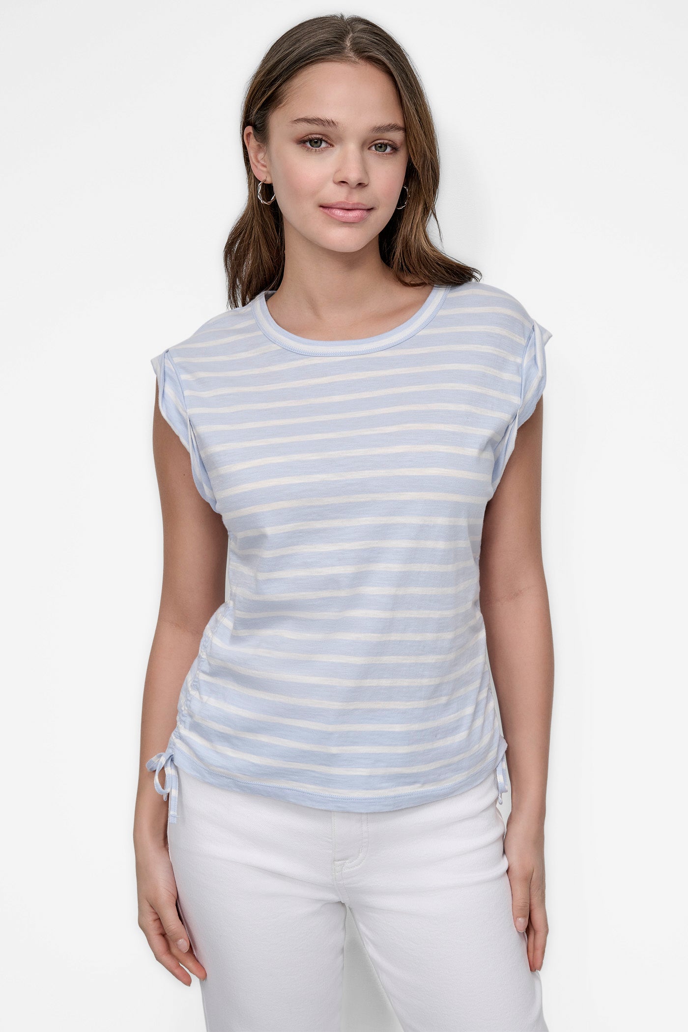 Frost Blue / Ivory RUCHED SIDE-TIE TEE, FRONT VIEW | Tees & Tanks
