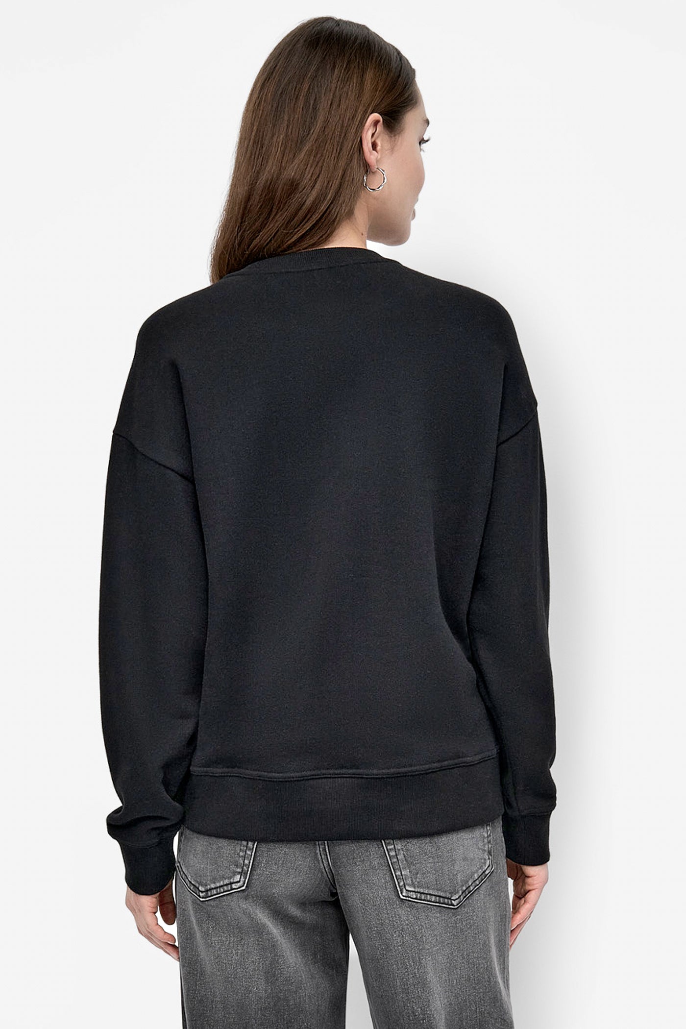 BLACK/GUNMETAL DKNY FLOCKING RHINESTONE LOGO CREW NECK SWEATSHIRT, BACK VIEW | DKNY Promo
