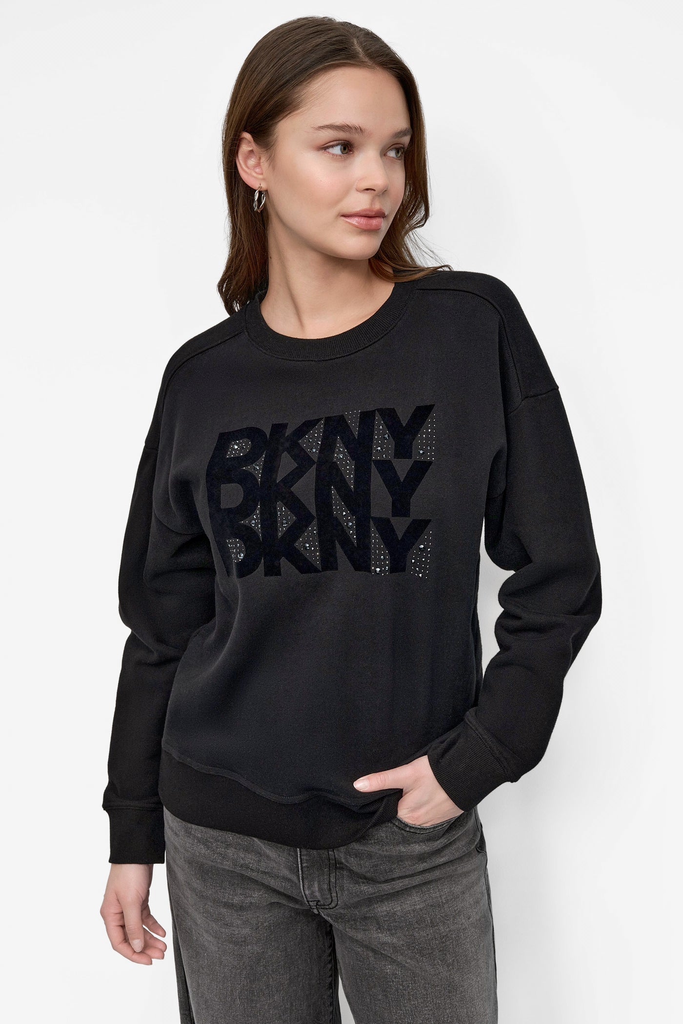 BLACK/GUNMETAL DKNY FLOCKING RHINESTONE LOGO CREW NECK SWEATSHIRT, FRONT VIEW | DKNY Promo