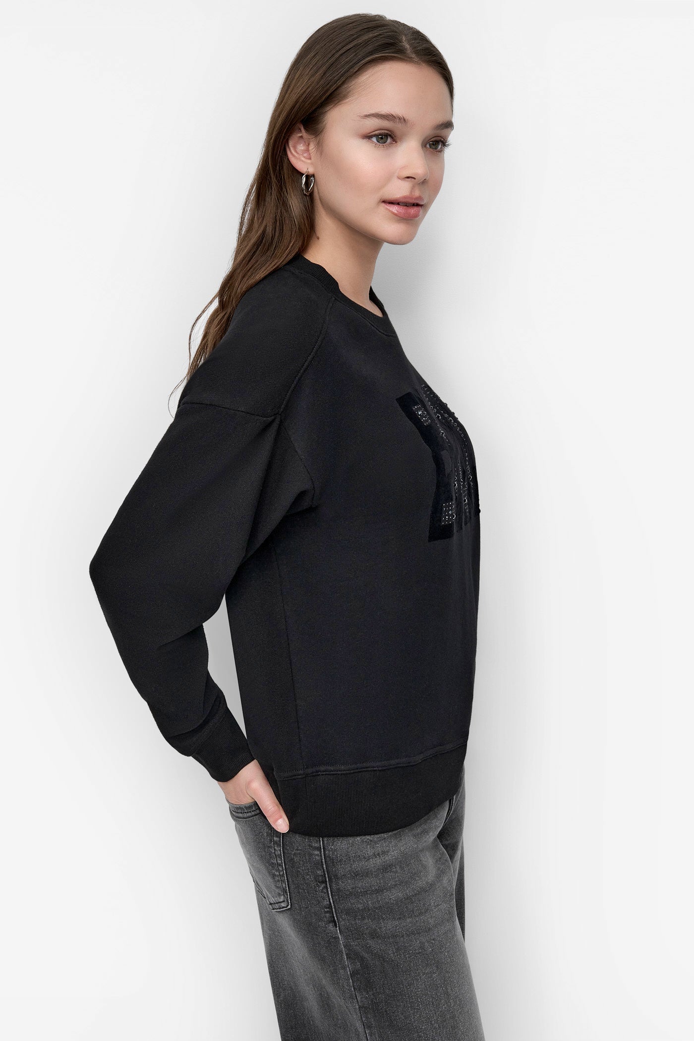 DKNY FLOCKING RHINESTONE LOGO CREW NECK SWEATSHIRT VIEW 3 | DKNY Promo