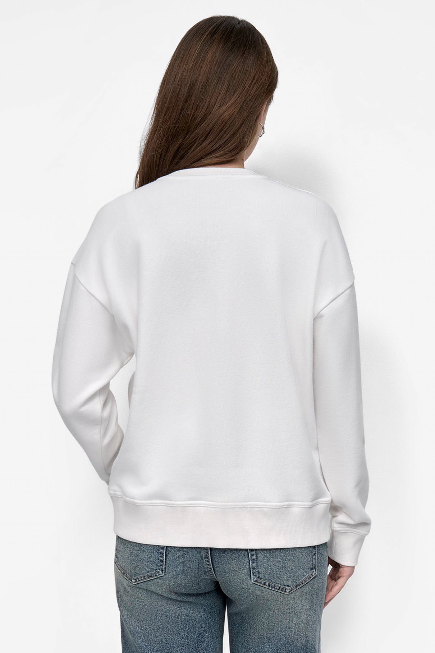 IVORY/WHITE DKNY FLOCKING RHINESTONE LOGO CREW NECK SWEATSHIRT, BACK VIEW | DKNY Promo