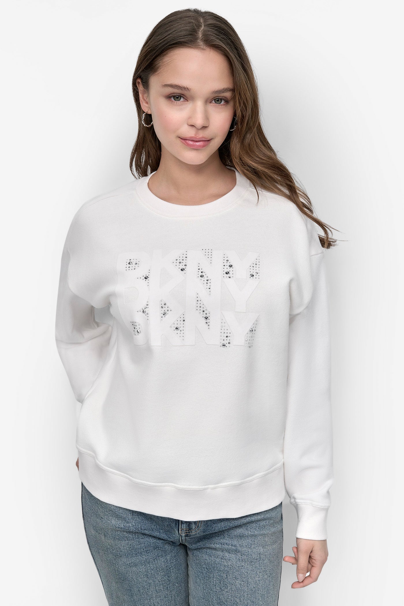 IVORY/WHITE DKNY FLOCKING RHINESTONE LOGO CREW NECK SWEATSHIRT, FRONT VIEW | DKNY Promo
