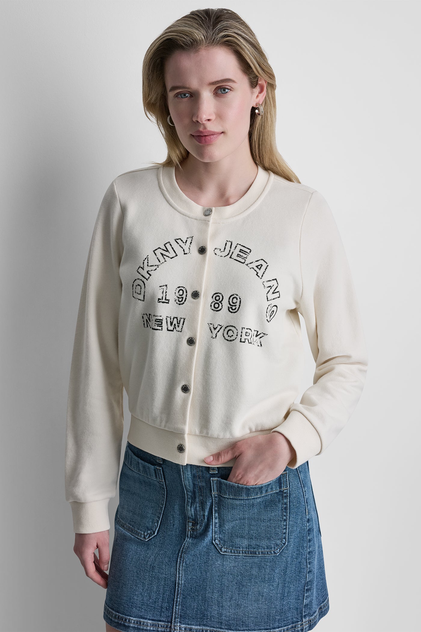 Eggnog BUTTON FRONT SHRUNKEN LOGO JACKET, VIEW 2 | WOMENS COATS & JACKETS