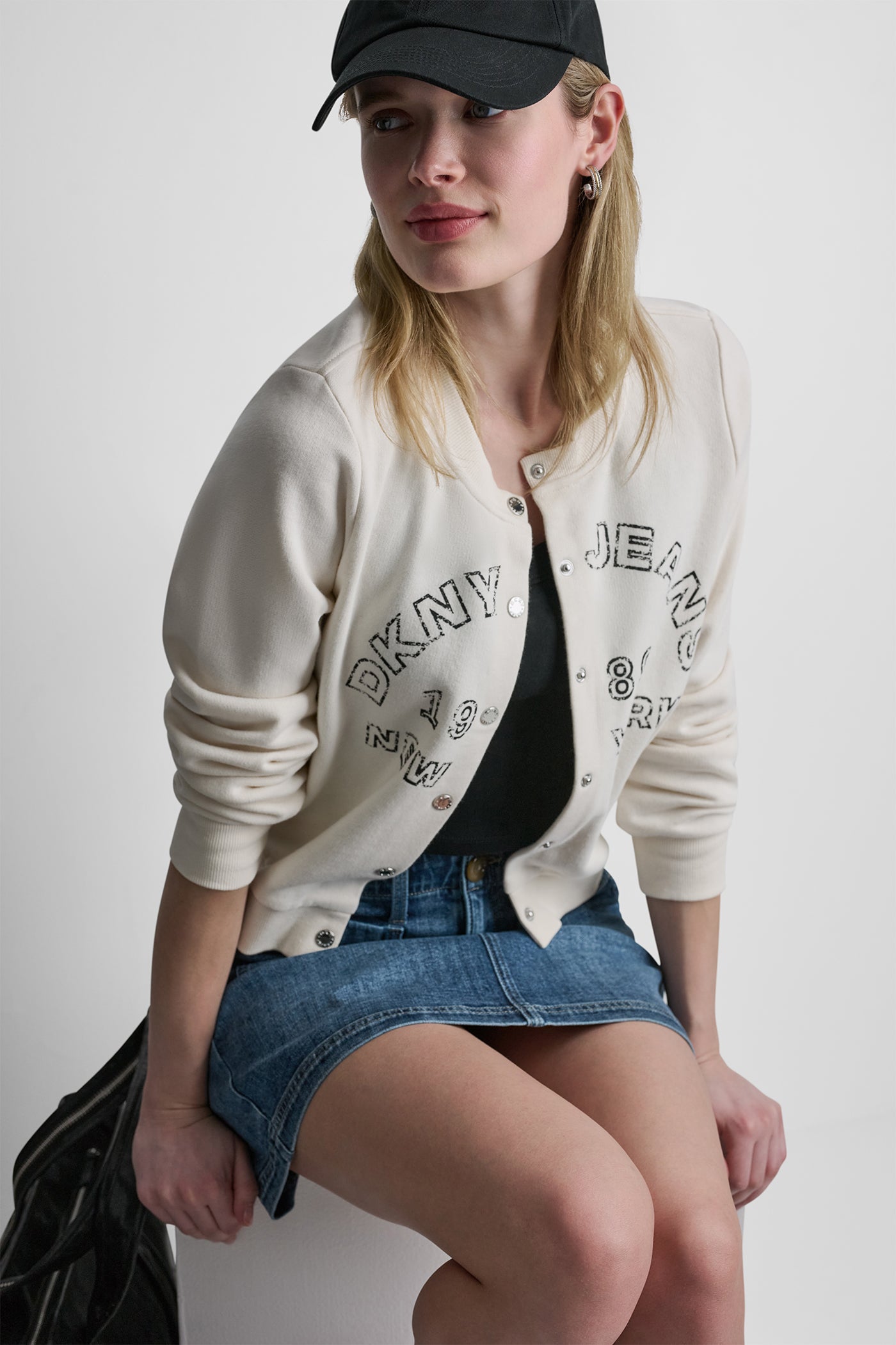 Eggnog BUTTON FRONT SHRUNKEN LOGO JACKET, VIEW 1 | WOMENS COATS & JACKETS