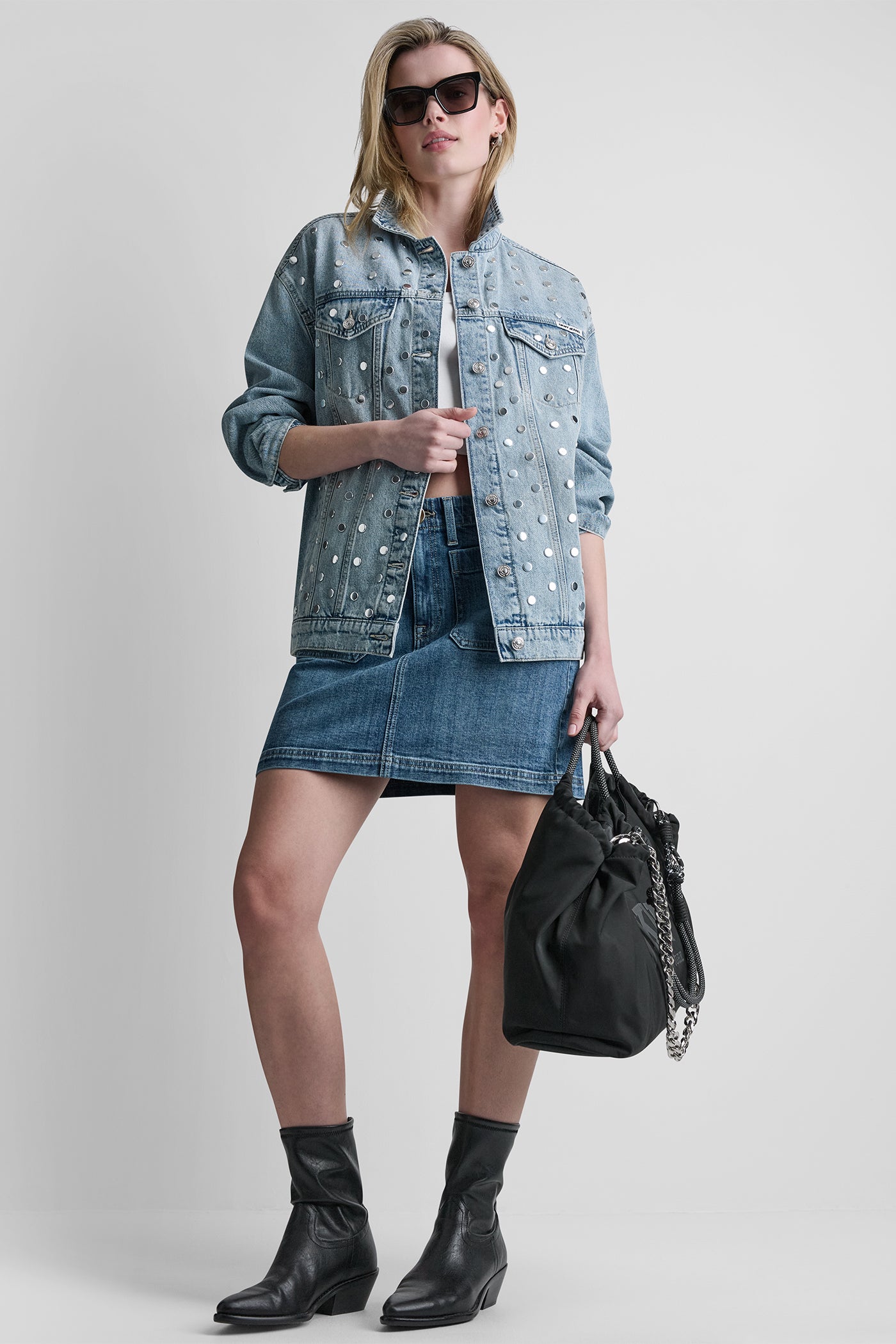 Cliff OVERSIZED DENIM TRUCKER JACKET WITH STUDS, VIEW 1 | WOMENS COATS & JACKETS