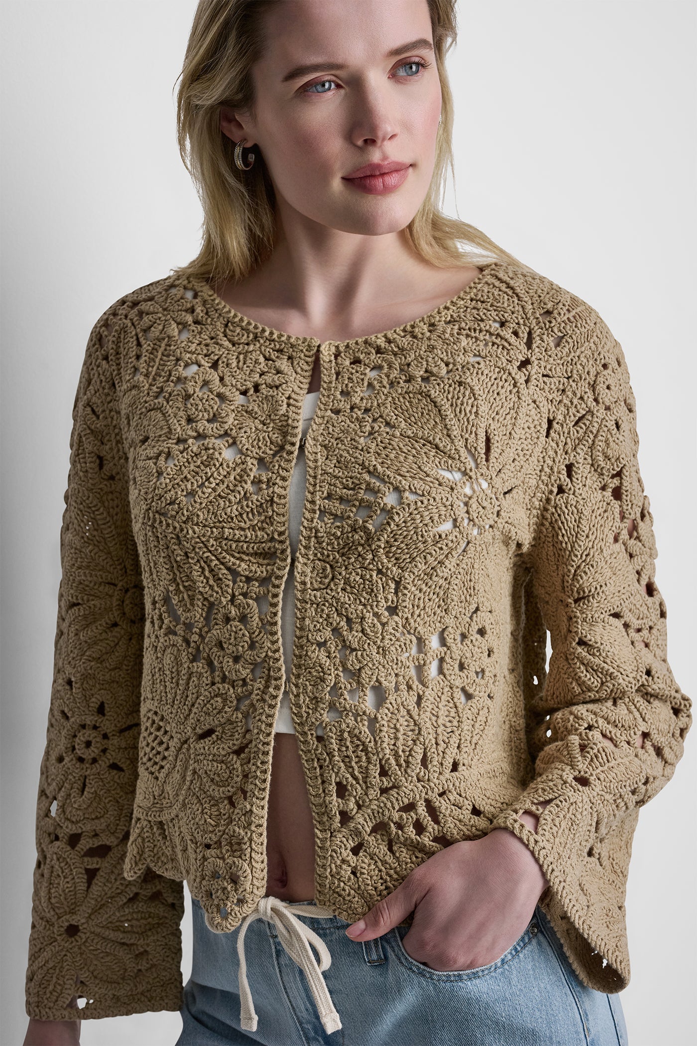 Travertine FLORAL CROCHET CARDIGAN WITH SCALLOP HEM, VIEW 1 | New Arrivals