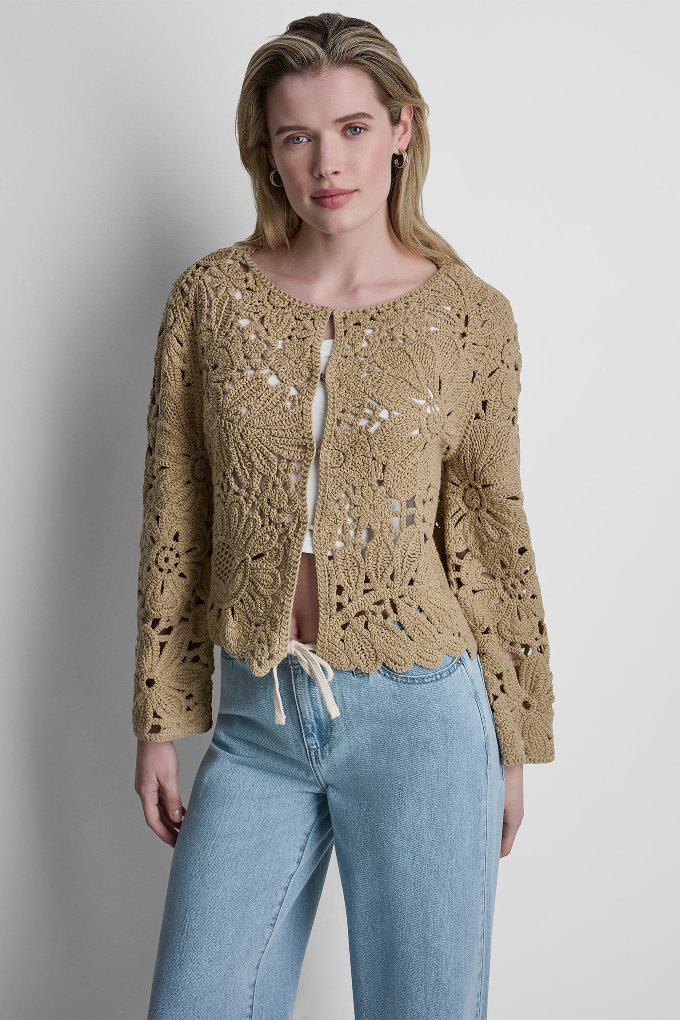 Travertine FLORAL CROCHET CARDIGAN WITH SCALLOP HEM, VIEW 2 | New Arrivals