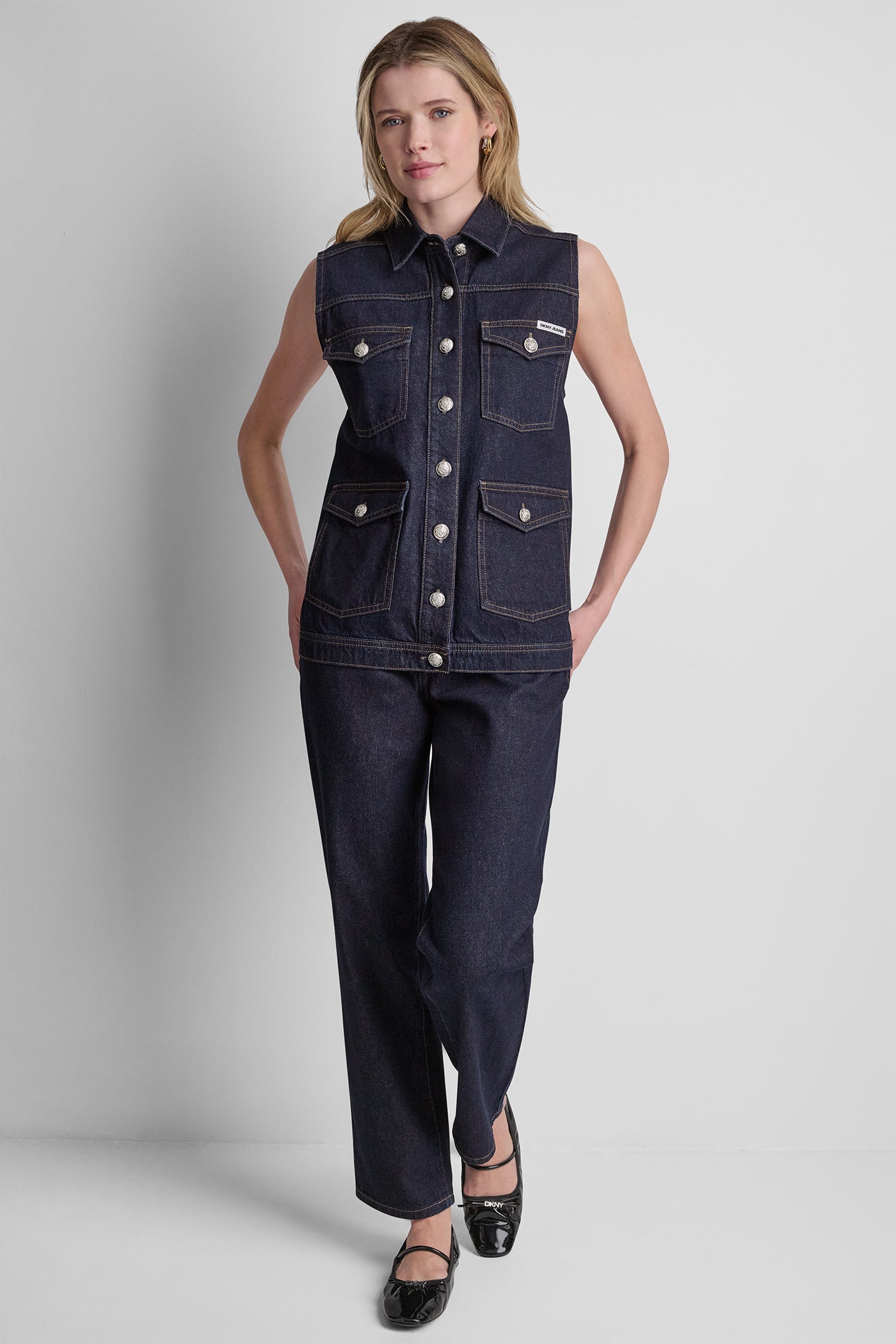 LONGLINE DENIM TRUCKER VEST VIEW 4 | july