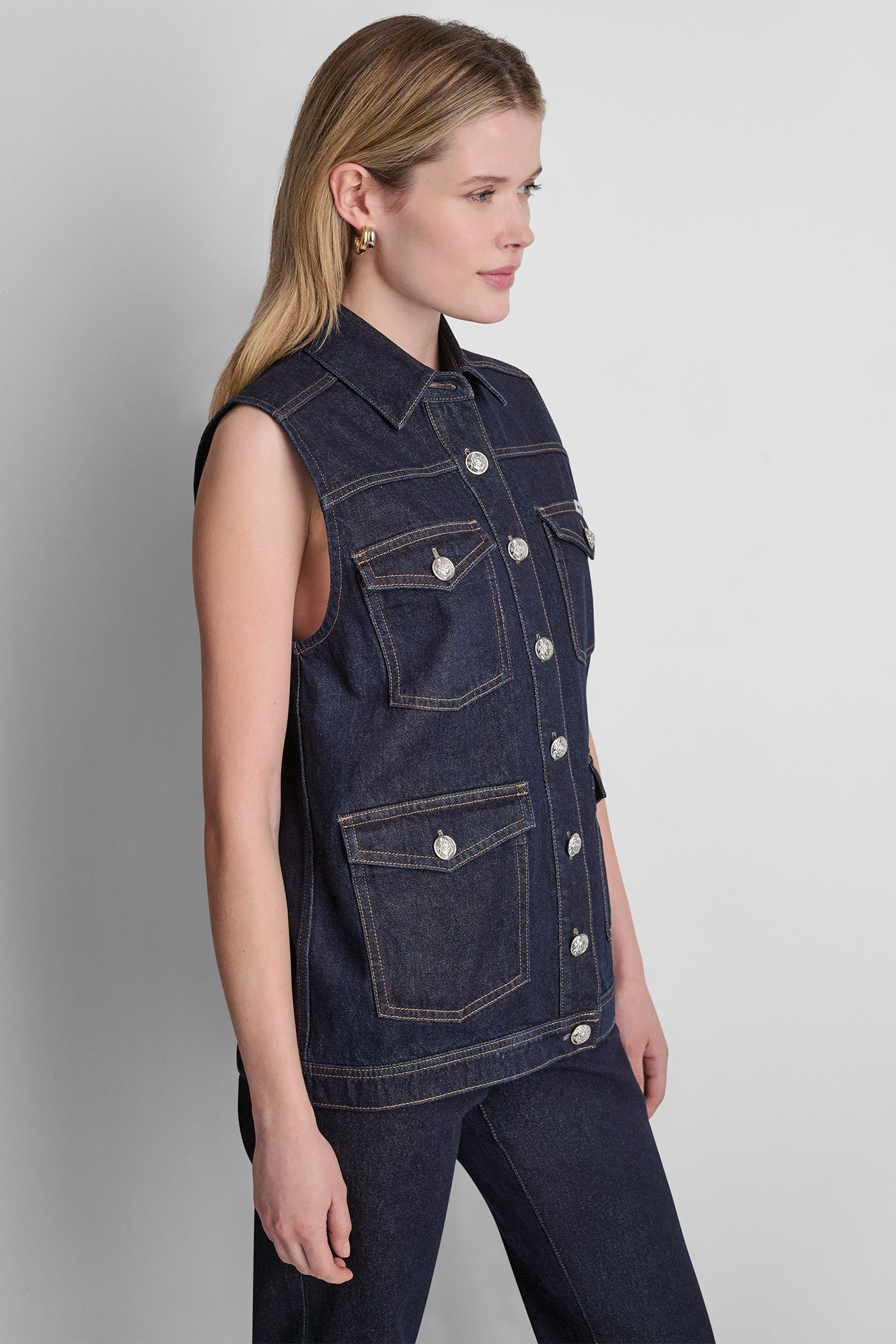 Fearless LONGLINE DENIM TRUCKER VEST, VIEW 1 | july