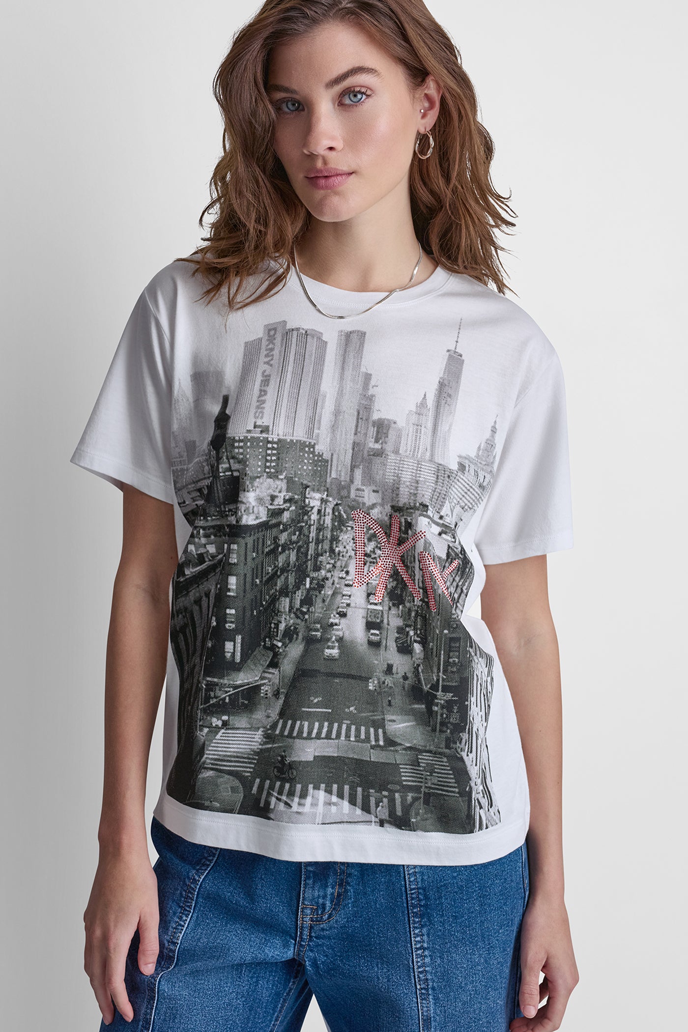 White/Black Punch DKNY RHINESTONE NY STREETS LOGO TEE, FRONT VIEW | New Arrivals
