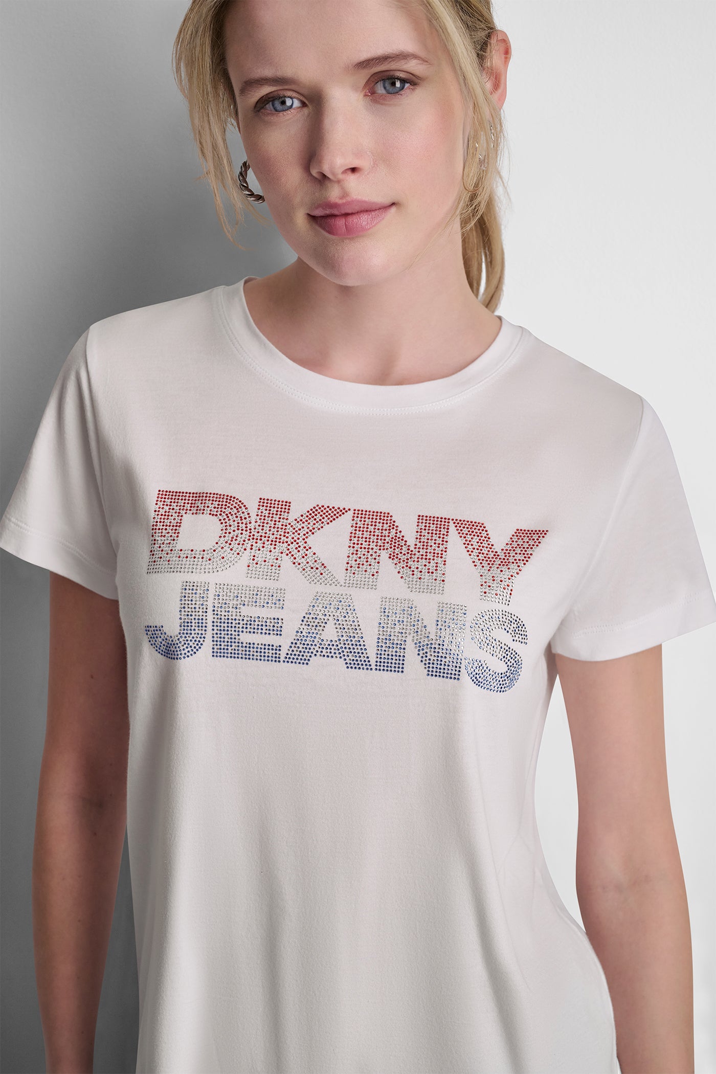 White/Red Blue DKNY JEANS STACKED RHINESTONE LOGO TEE, VIEW 2 | Tees & Tanks